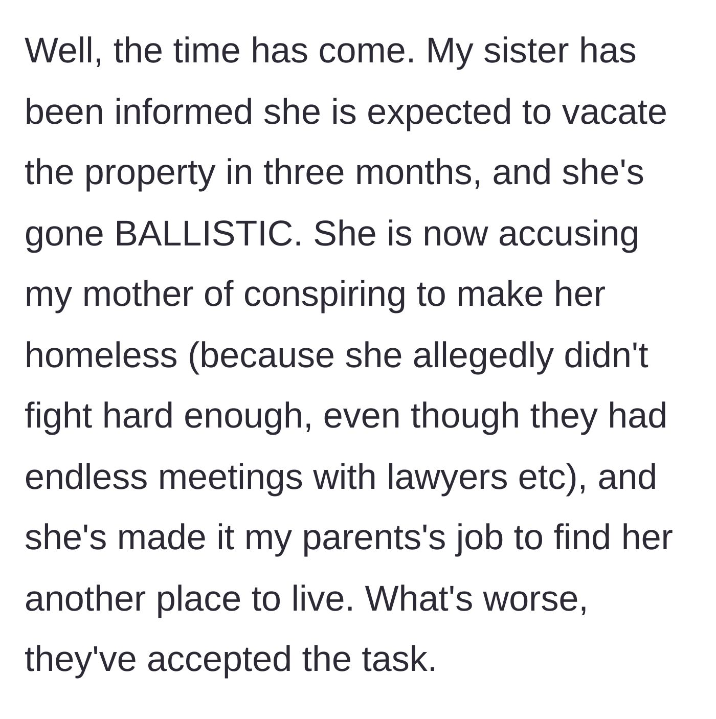 Story part 3 - An angry woman yelling at her elderly parents, demanding they find her a new apartment.