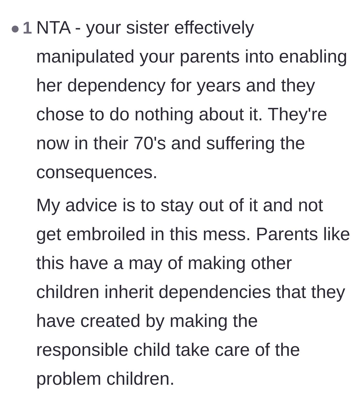 Comment thread 3 - Advice on avoiding the trap of inheriting the parents' burden of taking care of the sister.