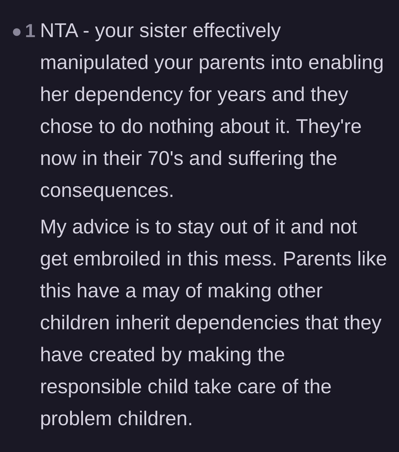 Comment thread 3 - Advice on avoiding the trap of inheriting the parents' burden of taking care of the sister.