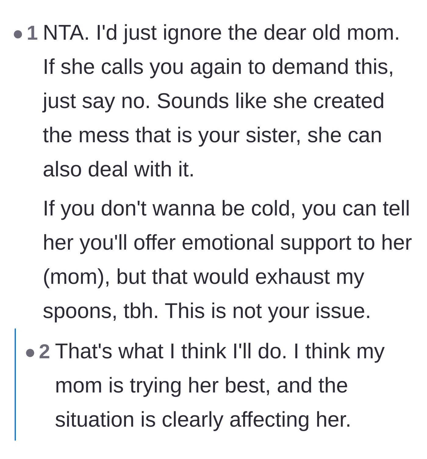 Comment thread 4 - Suggestions to ignore the mother's demands while offering only limited emotional support.