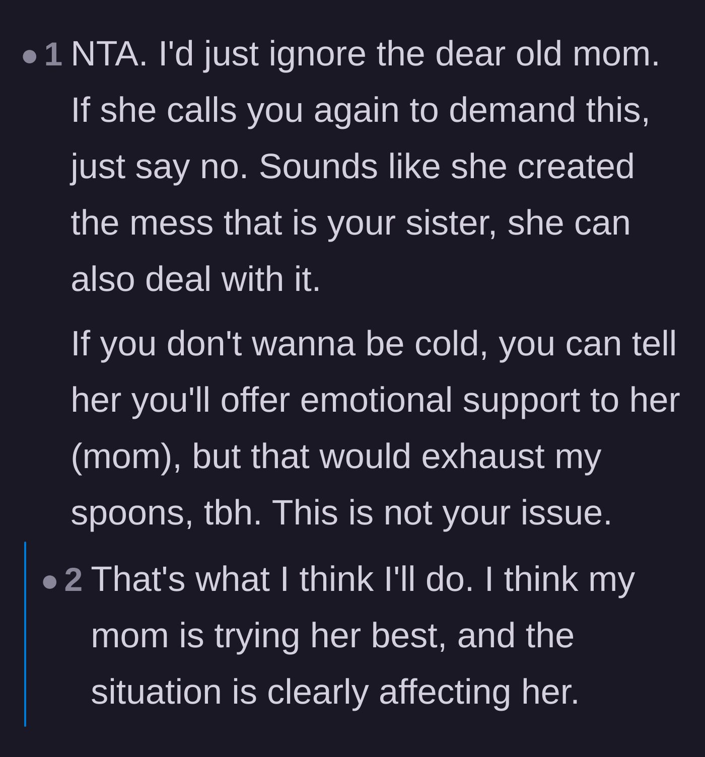 Comment thread 4 - Suggestions to ignore the mother's demands while offering only limited emotional support.