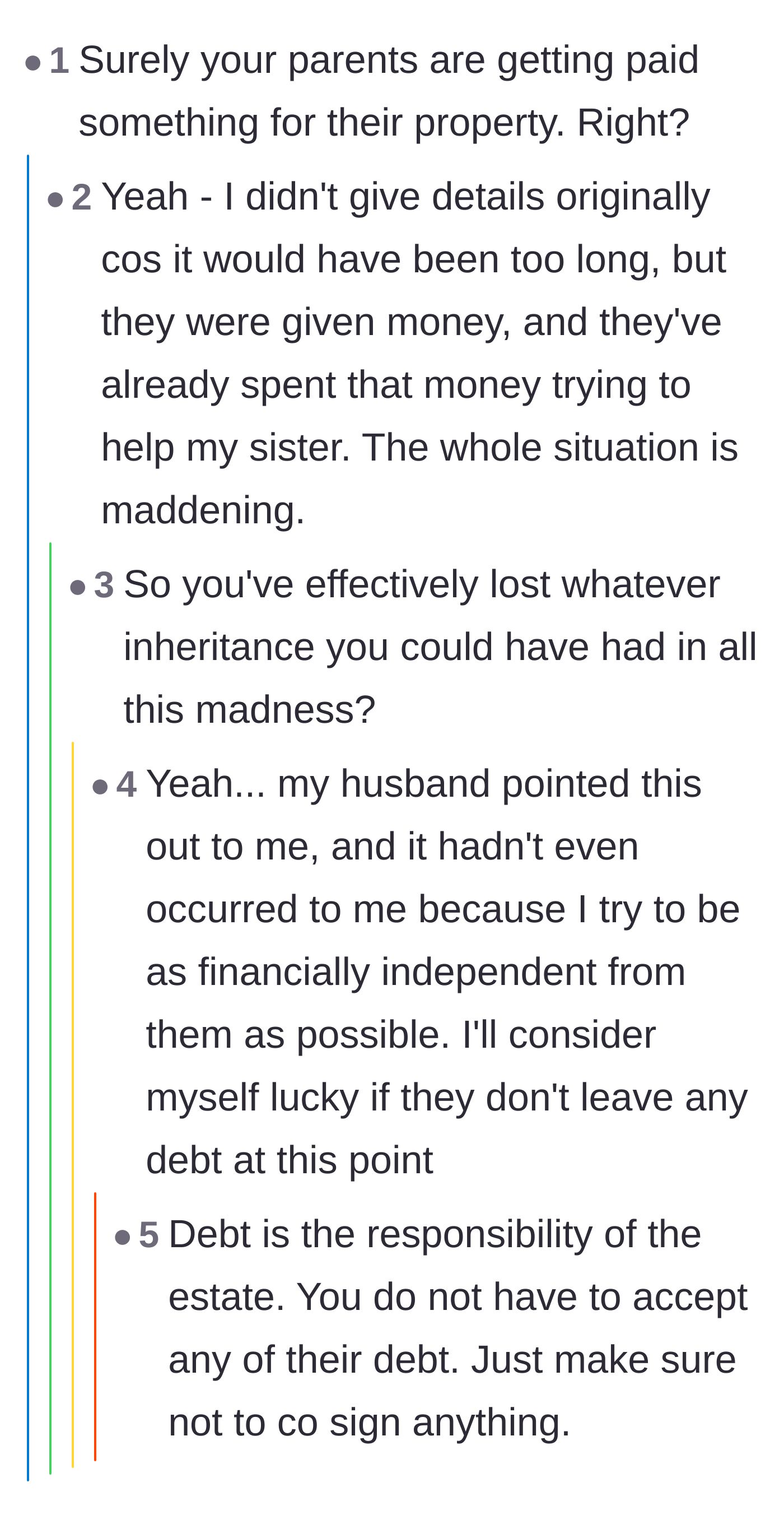 Comment thread 5 - A shocking realization that the parents already wasted their eminent domain payout on the sister, draining any potential inheritance.