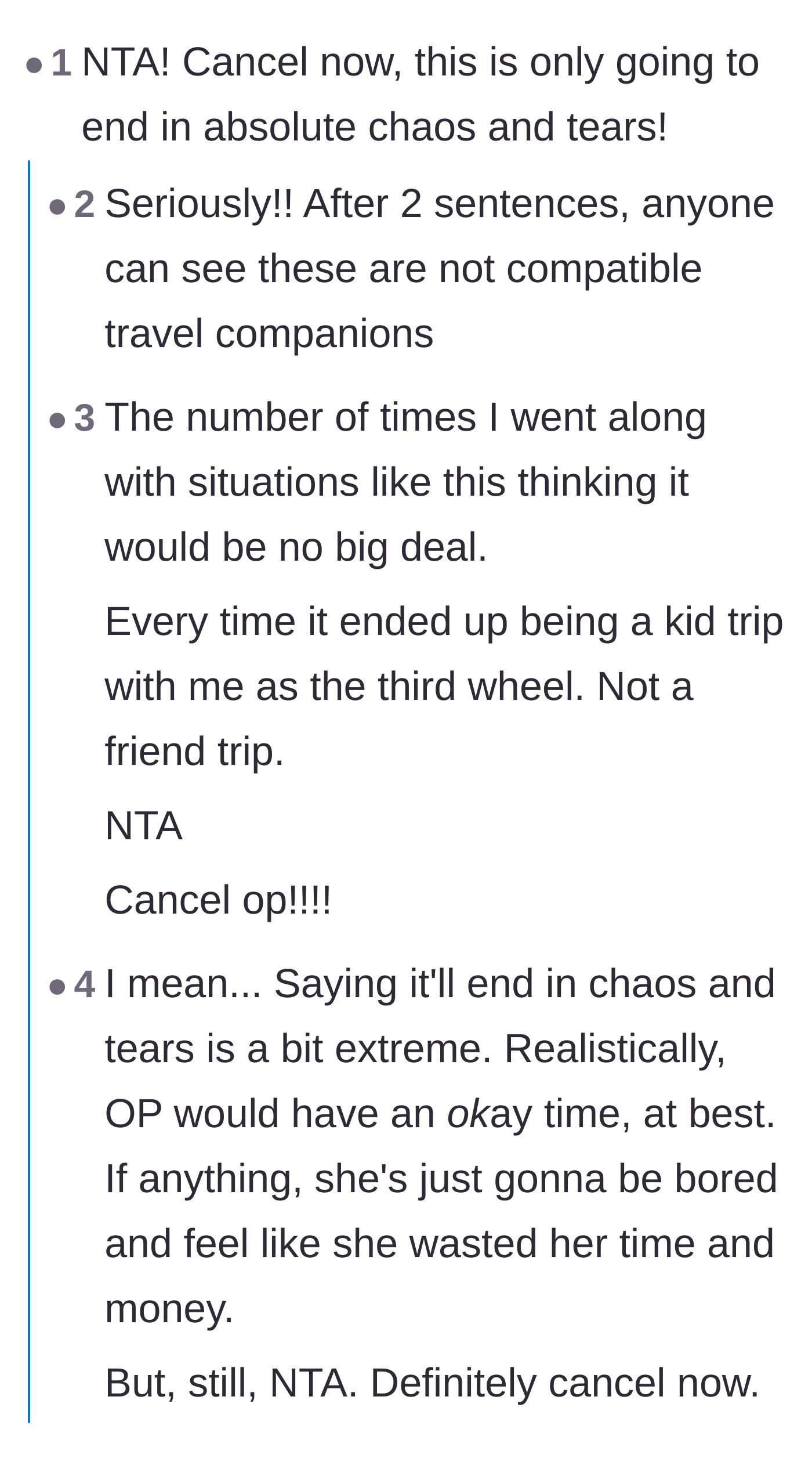 Comment thread 1 - Readers discussing the financial and professional risks of traveling with an incompatible coworker