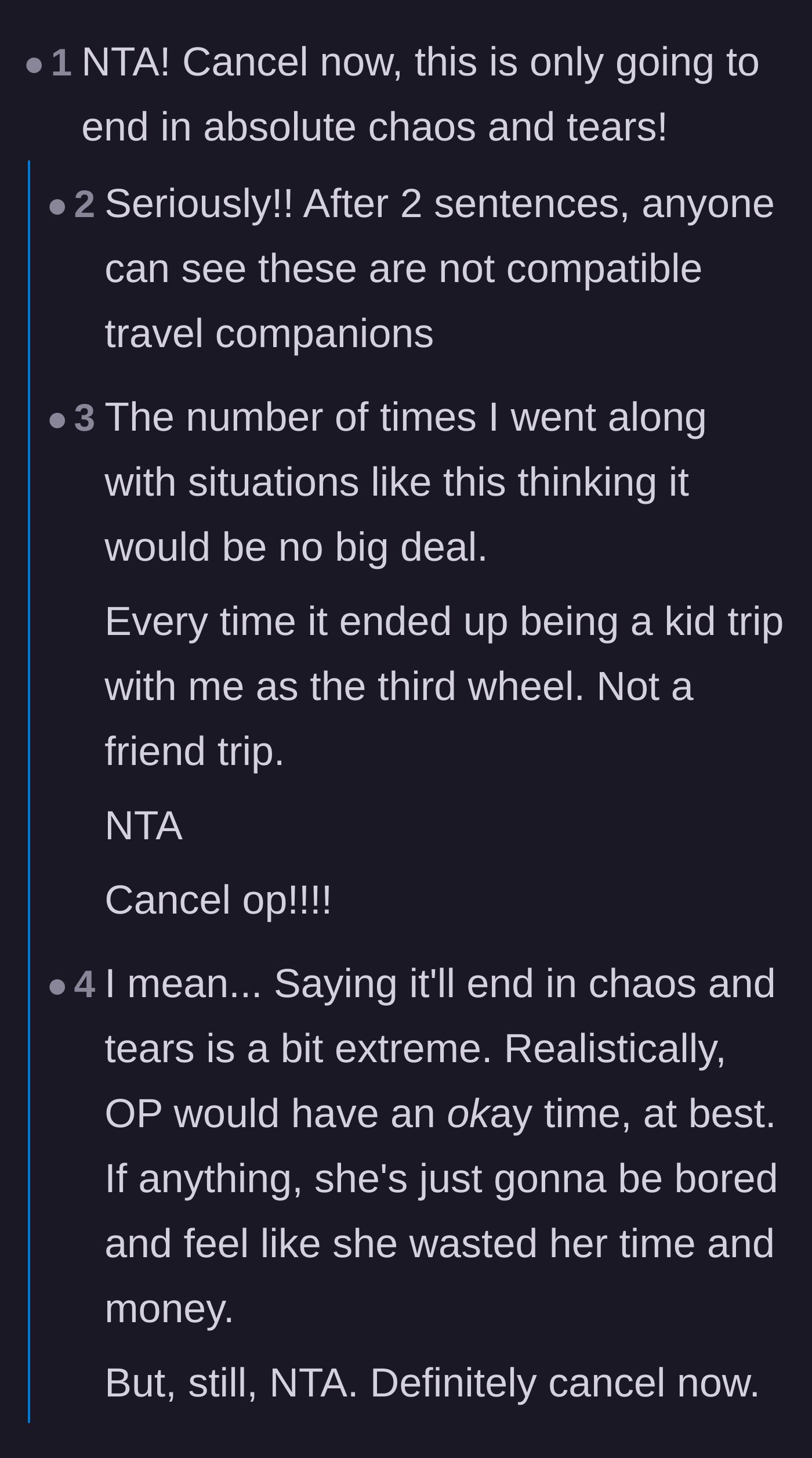 Comment thread 1 - Readers discussing the financial and professional risks of traveling with an incompatible coworker