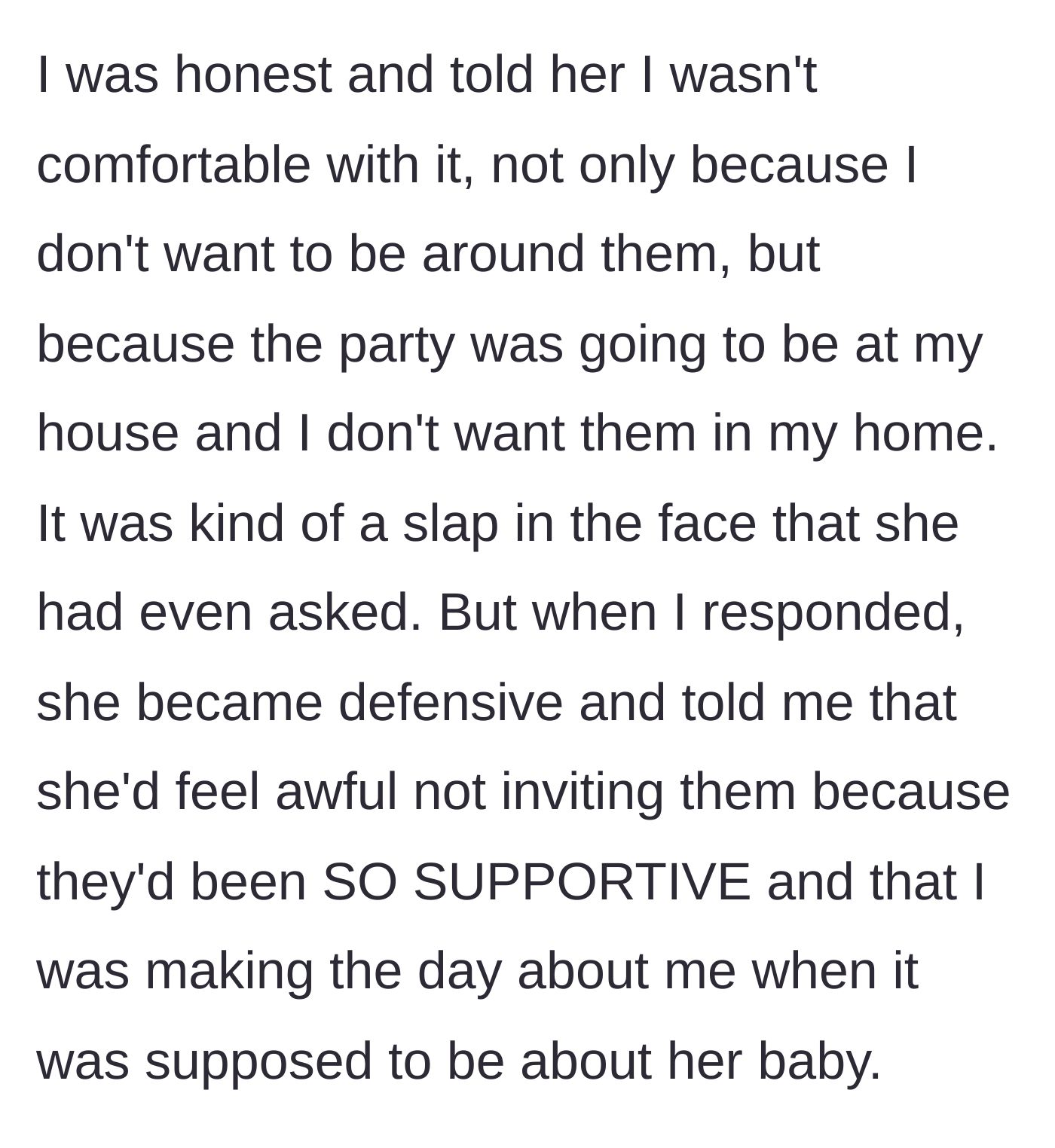 Story part 6 - The main character refuses, citing her boundaries and her home, but the best friend gaslights her and plays the victim.