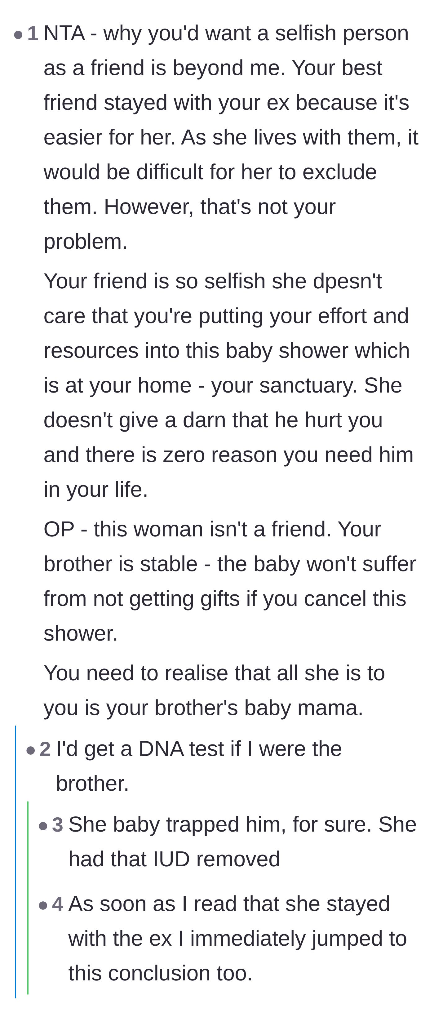 Comment thread 2 - Commenters calling the friend selfish, suggesting she baby-trapped the brother for his stability, and demanding a DNA test.