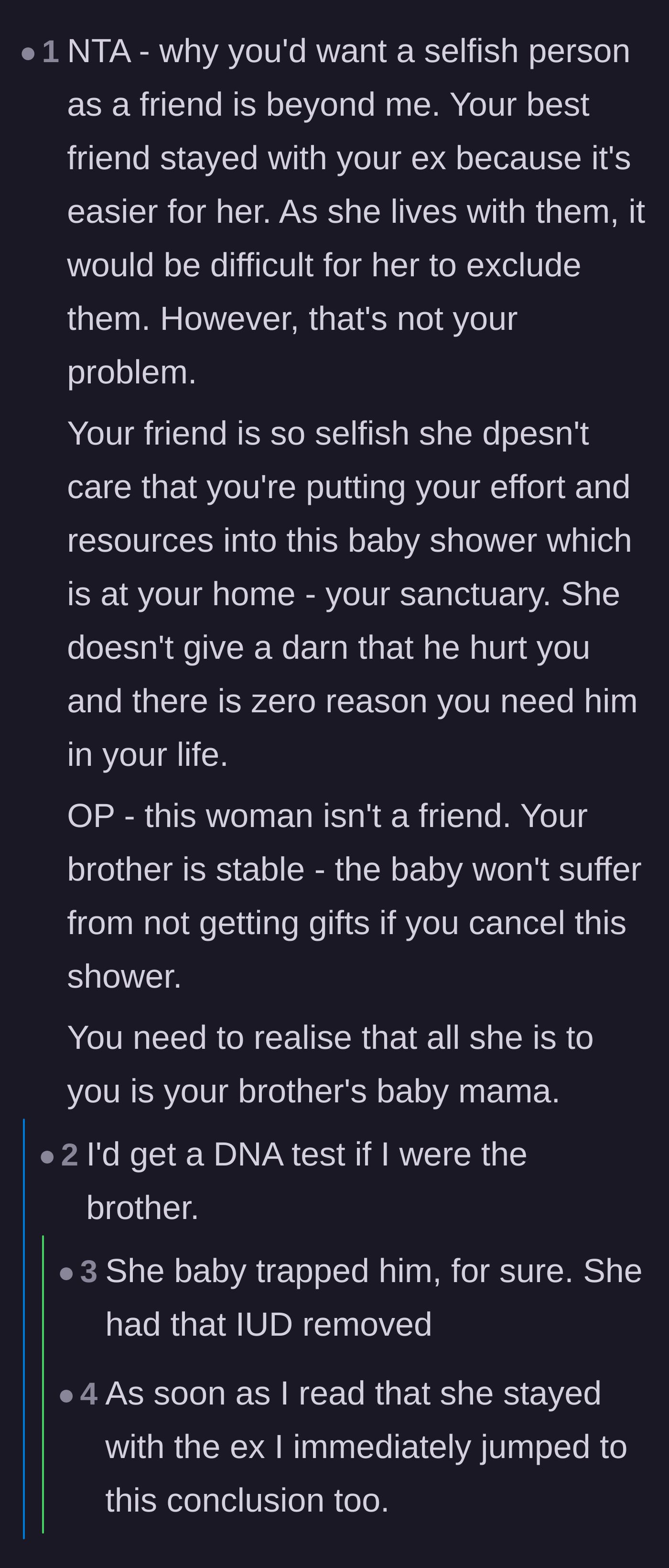 Comment thread 2 - Commenters calling the friend selfish, suggesting she baby-trapped the brother for his stability, and demanding a DNA test.