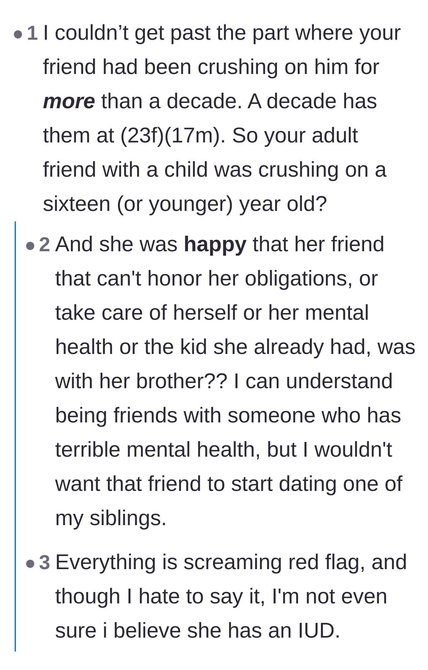 Comment thread 3 - Readers doing the math on the ages and realizing the 33-year-old friend was crushing on a teenager a decade ago.