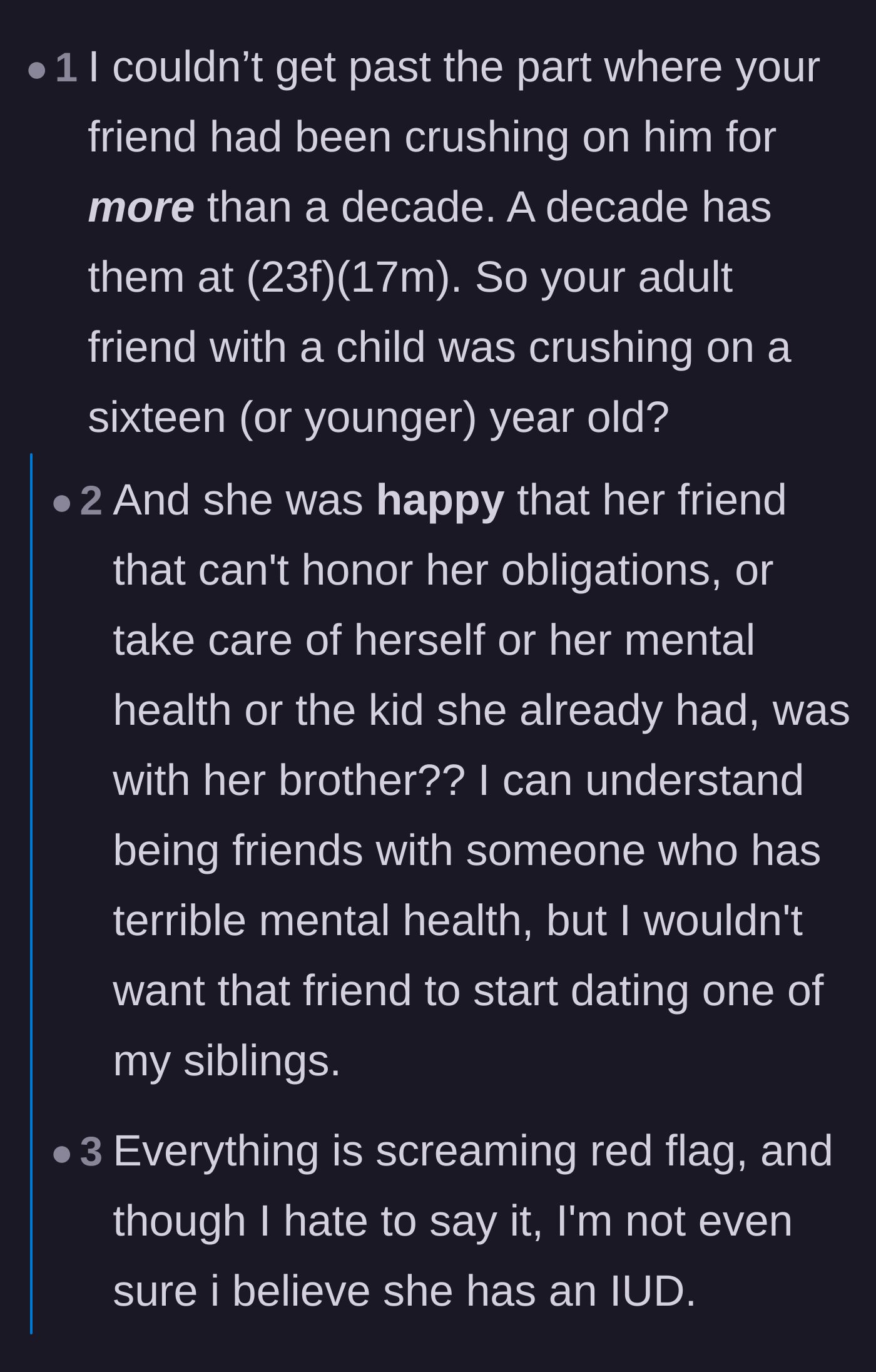 Comment thread 3 - Readers doing the math on the ages and realizing the 33-year-old friend was crushing on a teenager a decade ago.