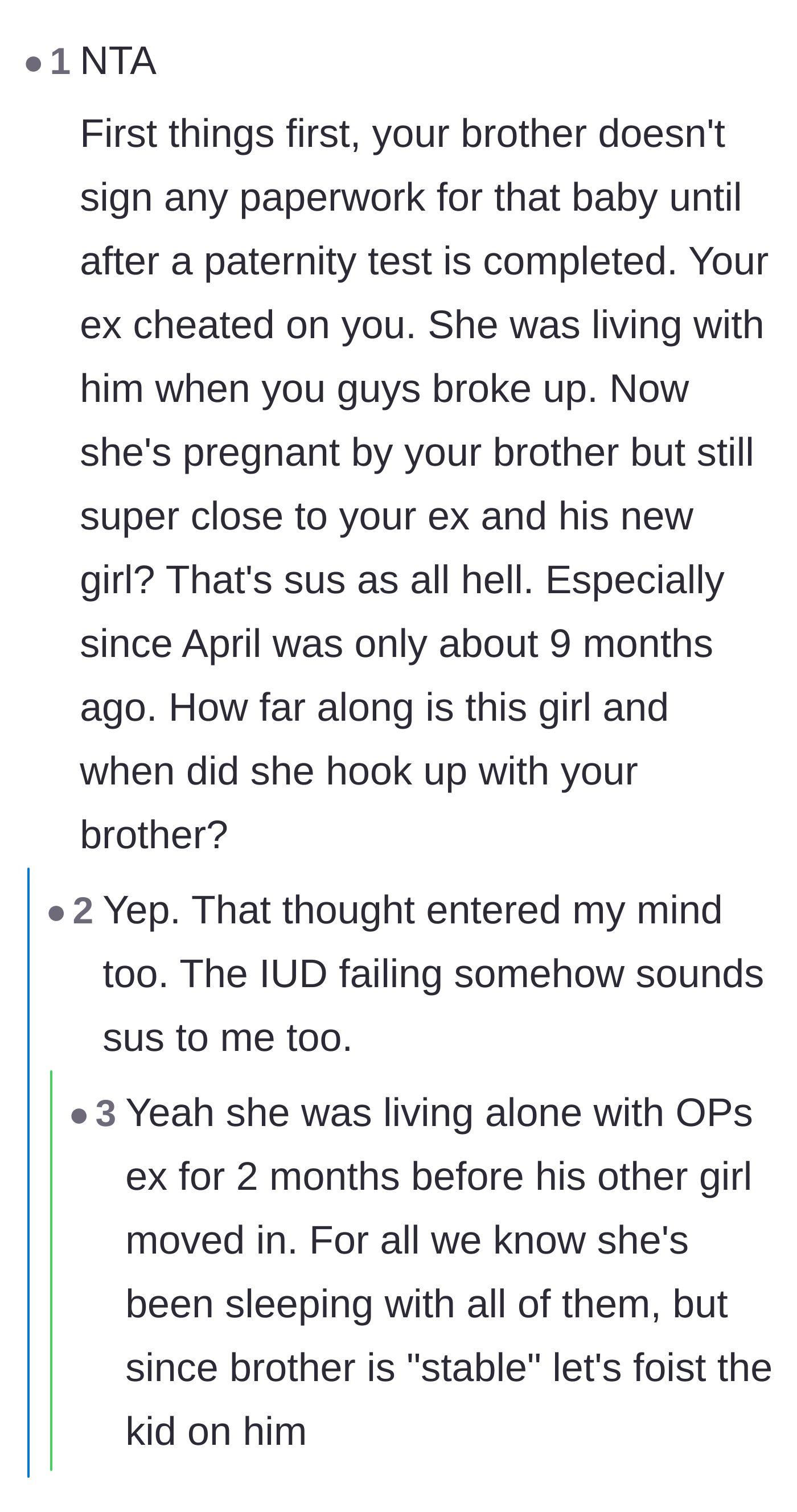 Comment thread 5 - Suspicion about the timeline, noting the friend lived alone with the ex for two months before getting pregnant, and doubting the failed IUD story.