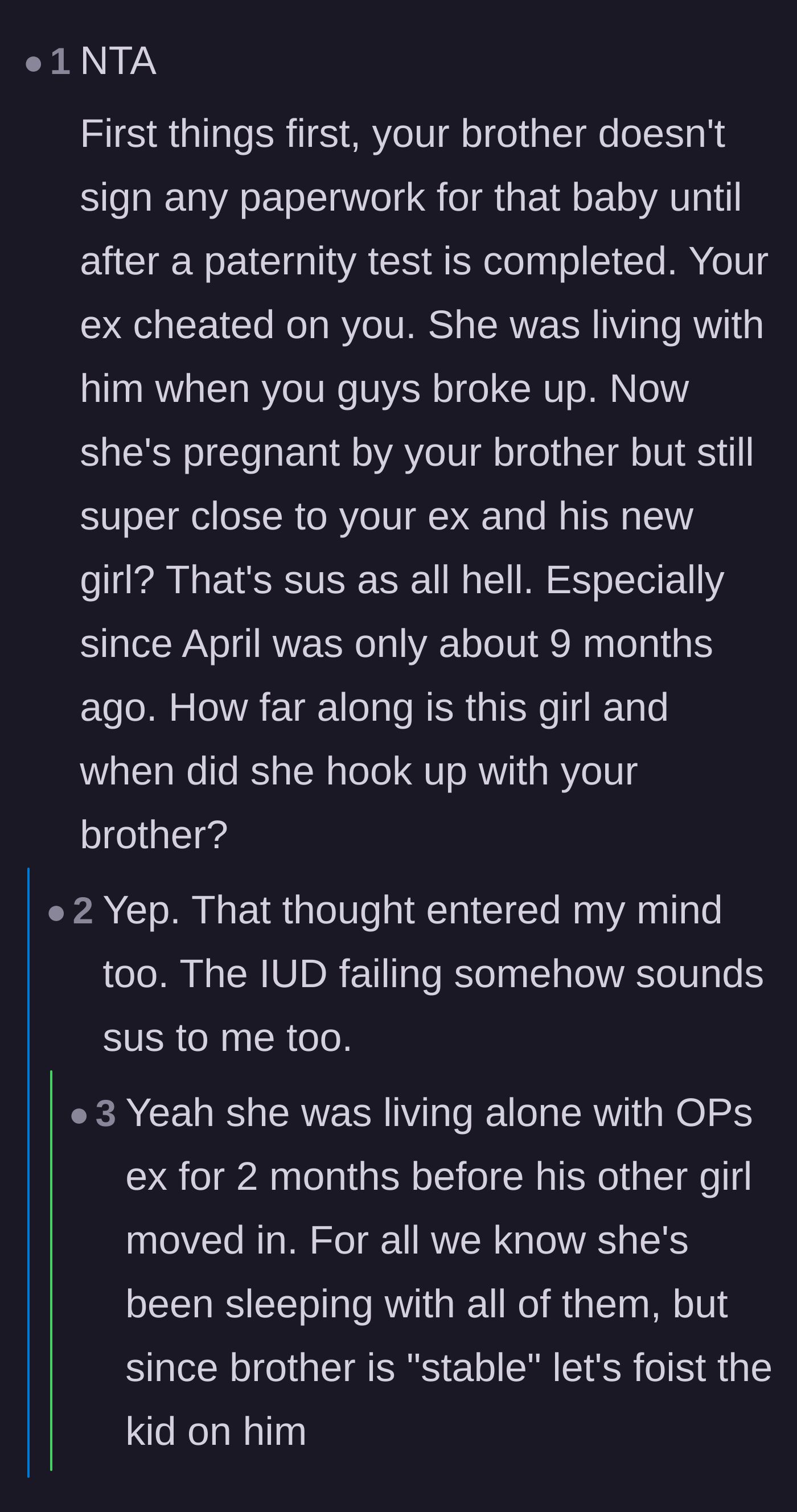Comment thread 5 - Suspicion about the timeline, noting the friend lived alone with the ex for two months before getting pregnant, and doubting the failed IUD story.