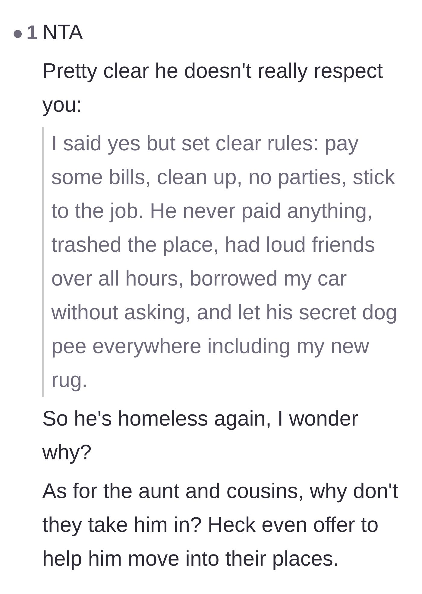 Comment thread 2 - A comment pointing out the brother's complete lack of respect and questioning why the rest of the family won't take him in.