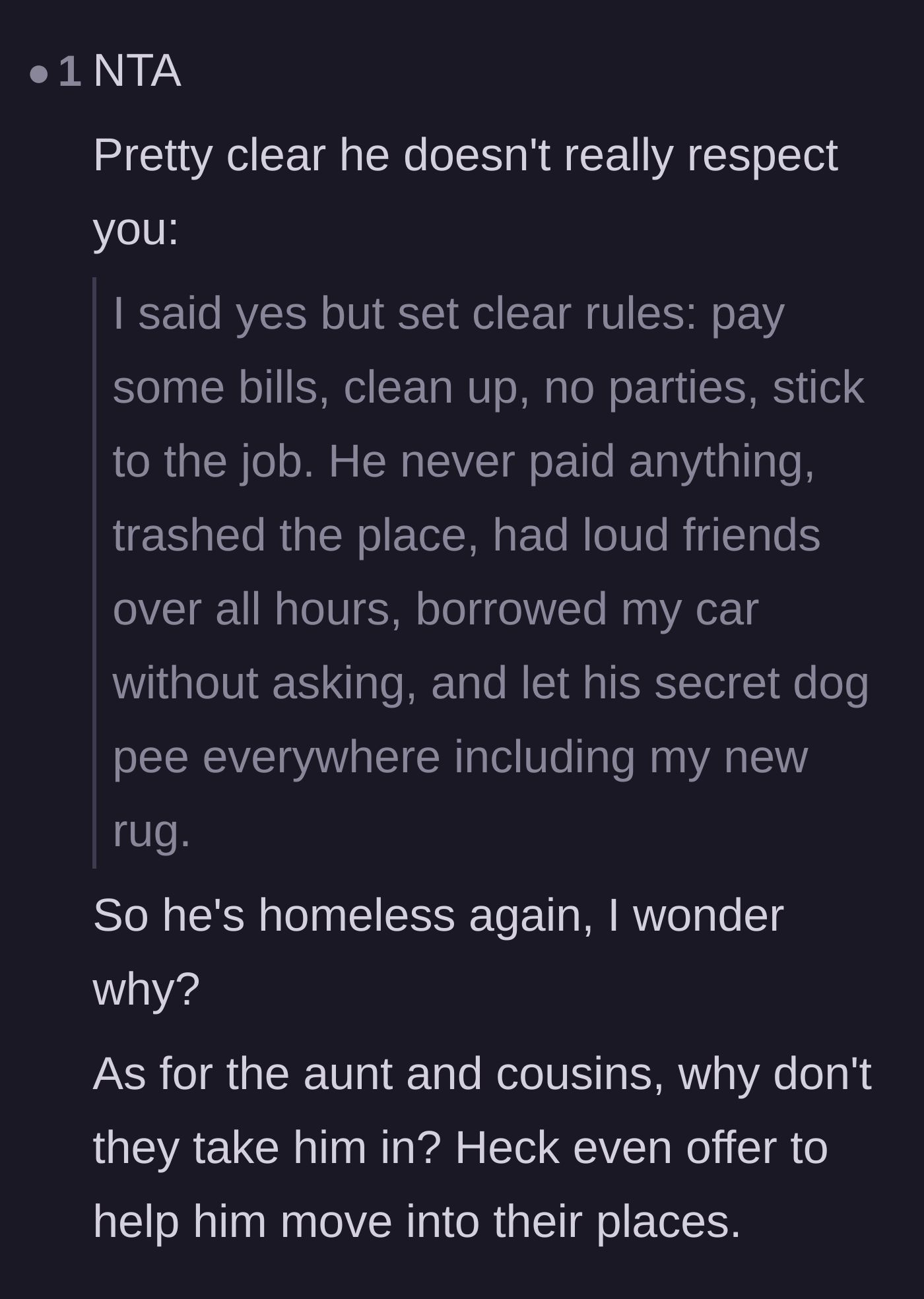 Comment thread 2 - A comment pointing out the brother's complete lack of respect and questioning why the rest of the family won't take him in.