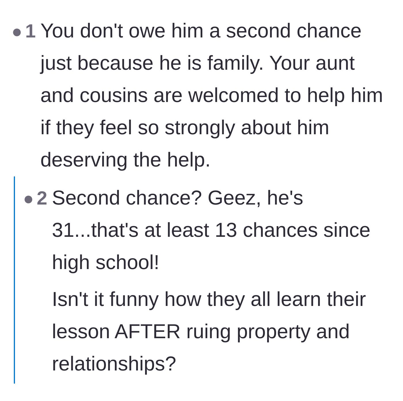 Comment thread 4 - A discussion about how a 31-year-old has already had far more than just a 'second chance' in life.