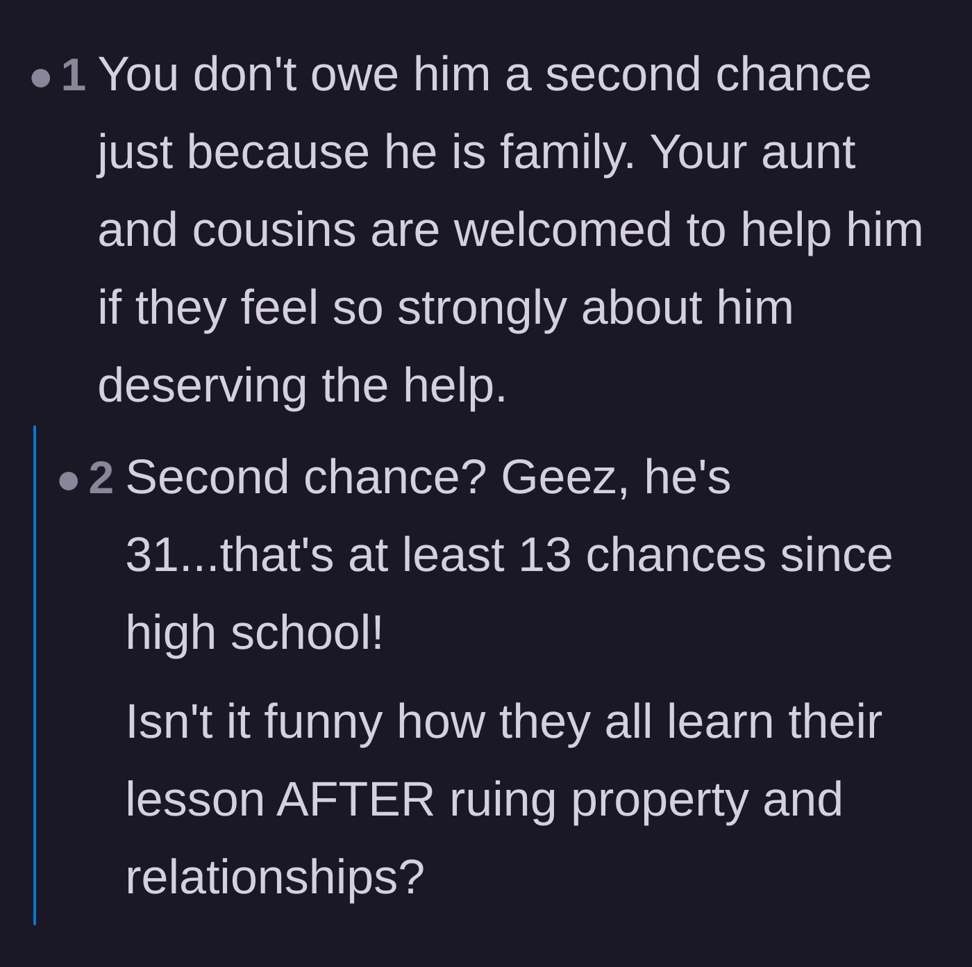Comment thread 4 - A discussion about how a 31-year-old has already had far more than just a 'second chance' in life.
