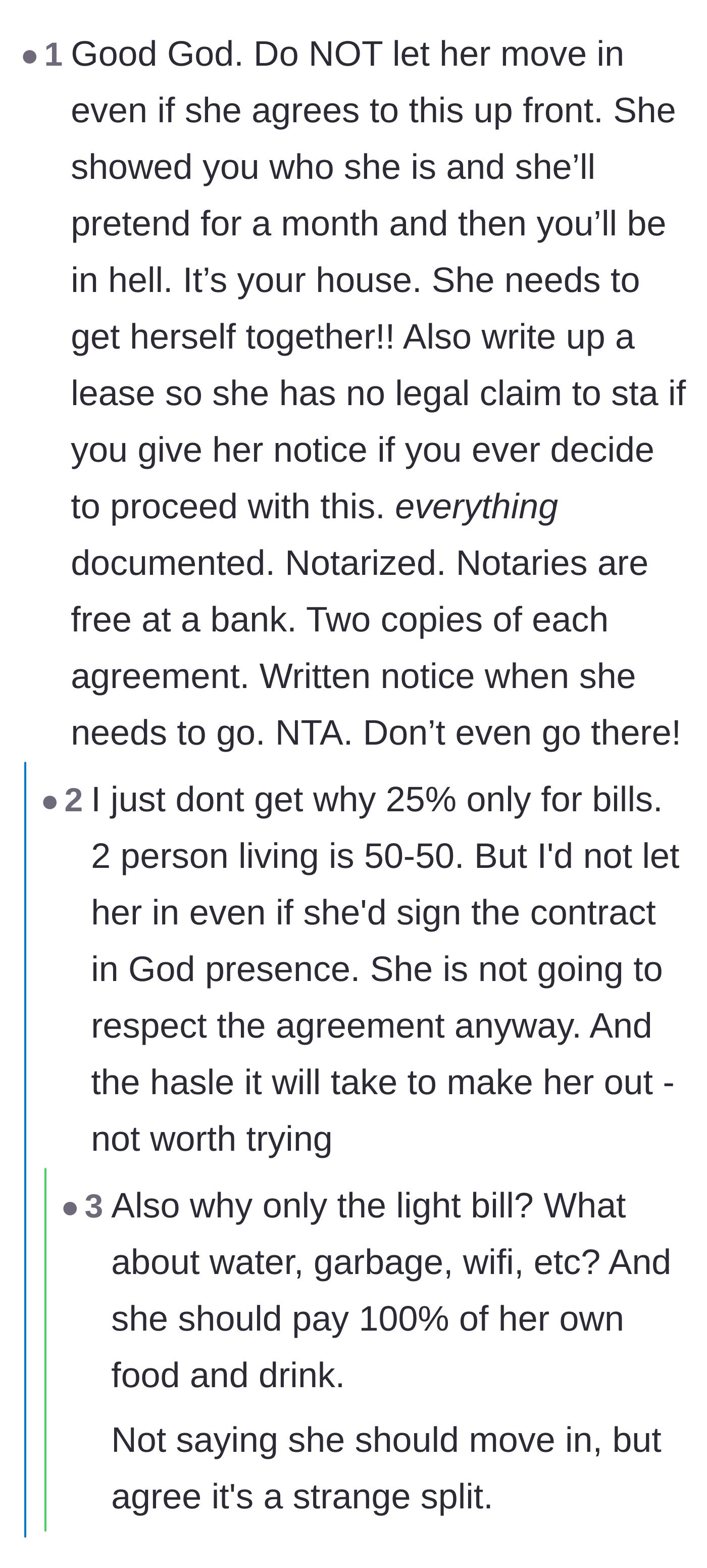Comment thread 1 - Readers warning the homeowner to get a strict legal lease and questioning why she only asked for a 25 percent utility split.