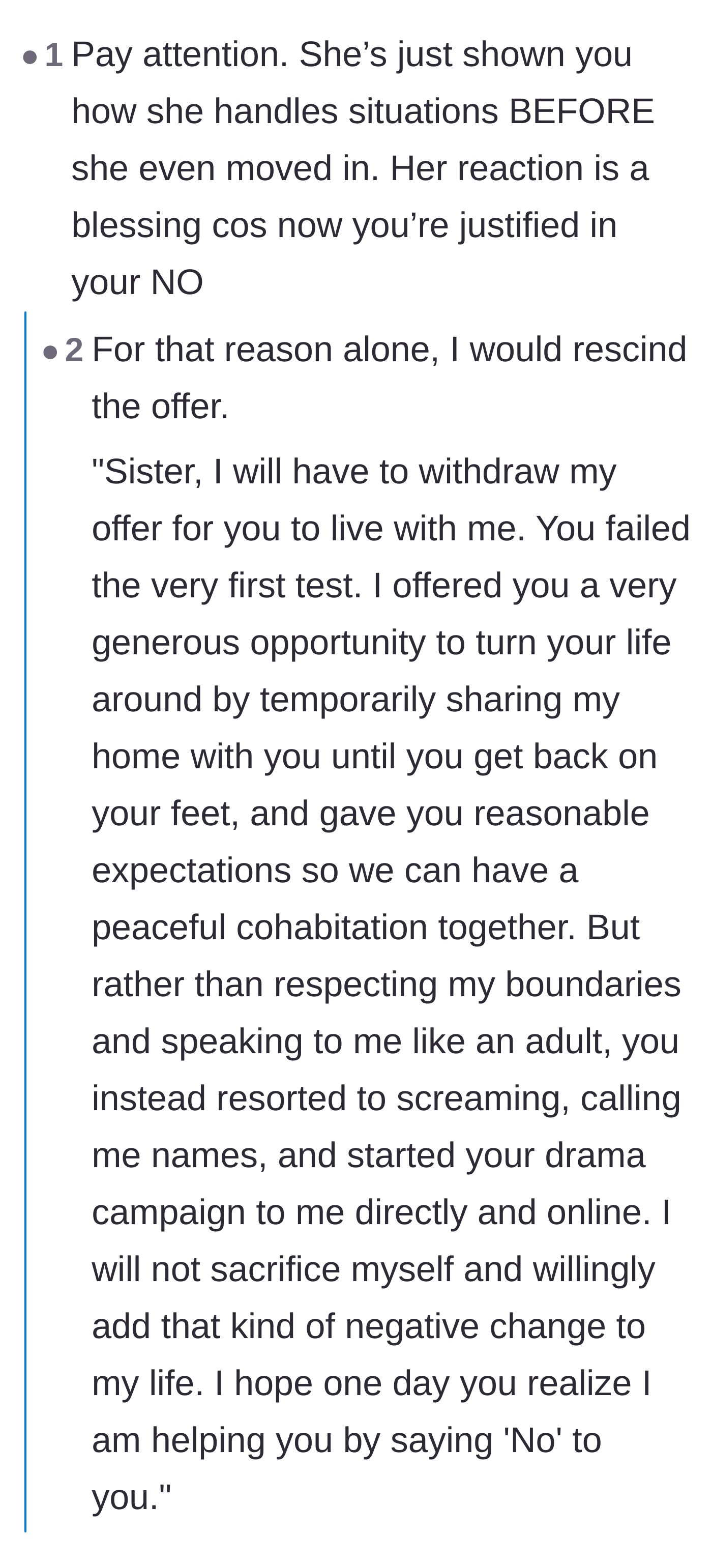Comment thread 3 - Advice pointing out that the sister's dramatic reaction was actually a blessing in disguise because it proved why she shouldn't move in.
