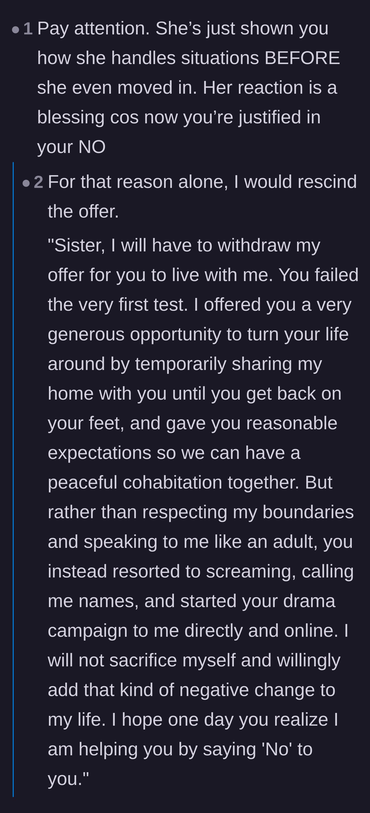 Comment thread 3 - Advice pointing out that the sister's dramatic reaction was actually a blessing in disguise because it proved why she shouldn't move in.
