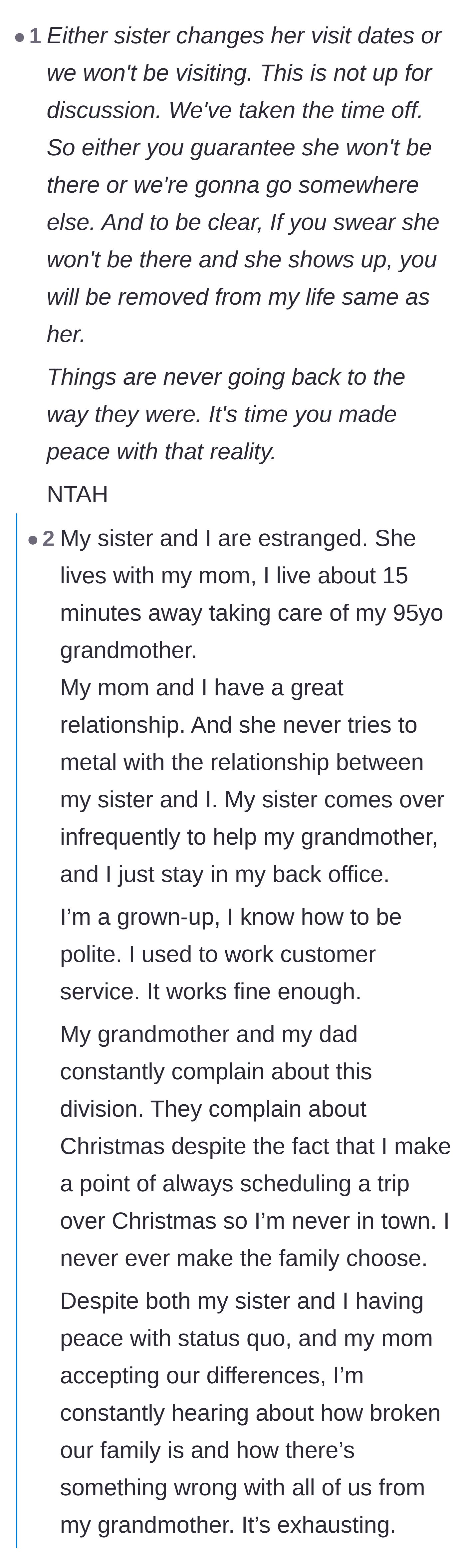 Comment thread 2 - A user providing a script for a strict ultimatum to the parents, sparking a conversation about meddling families.