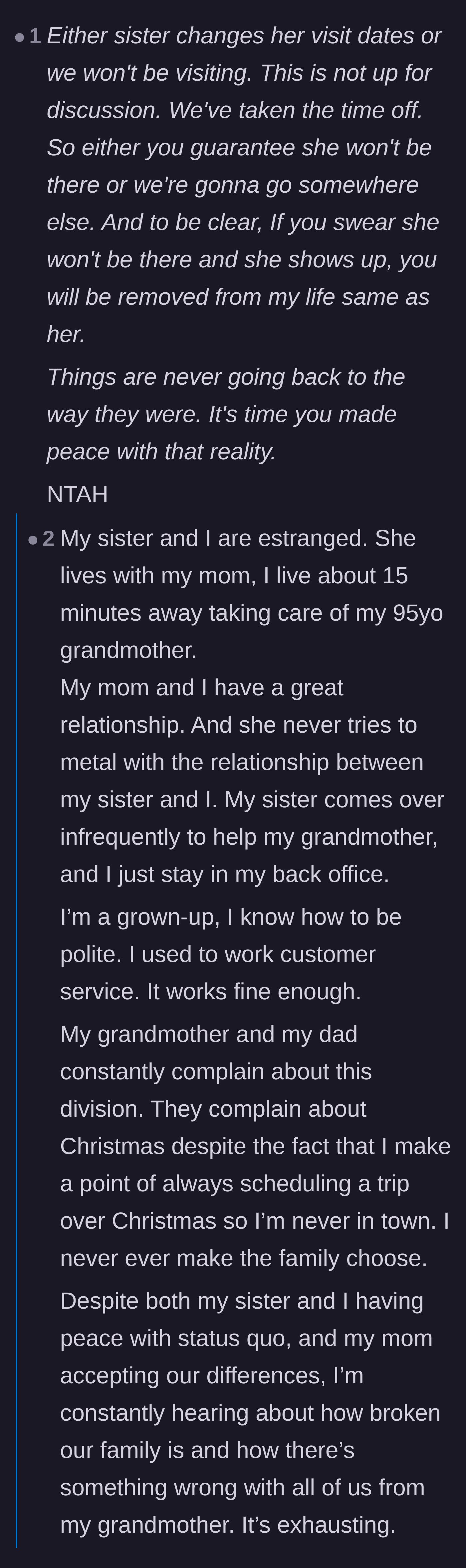 Comment thread 2 - A user providing a script for a strict ultimatum to the parents, sparking a conversation about meddling families.