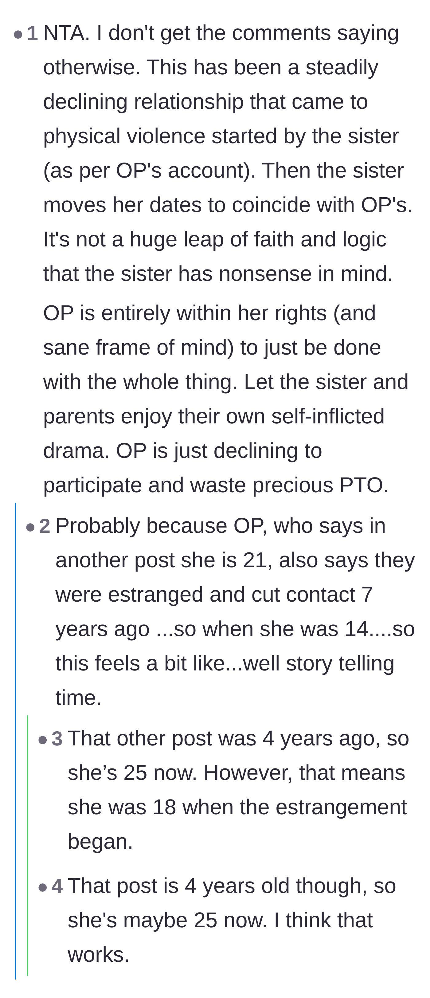 Comment thread 3 - A debate analyzing the suspicious timing of the sister's trip and questioning the timeline based on the main character's post history.