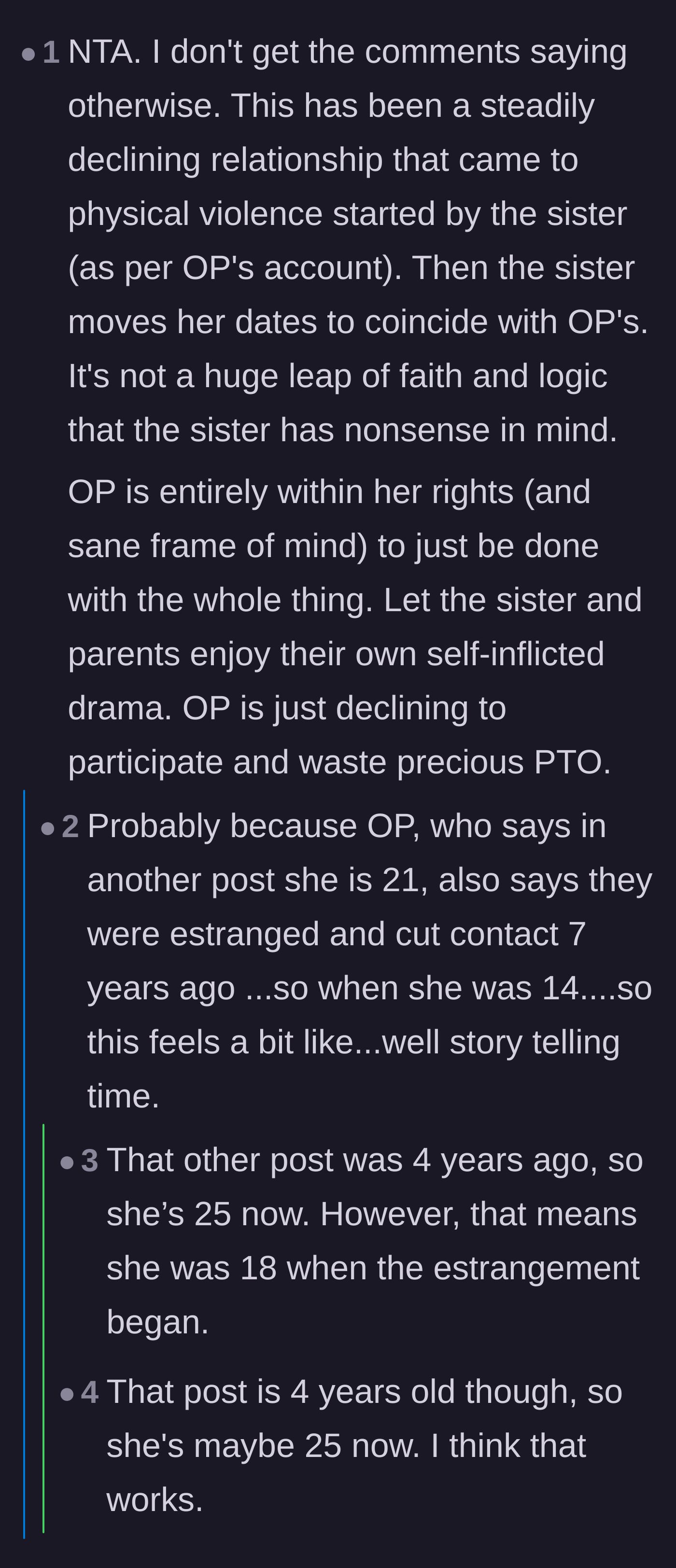 Comment thread 3 - A debate analyzing the suspicious timing of the sister's trip and questioning the timeline based on the main character's post history.