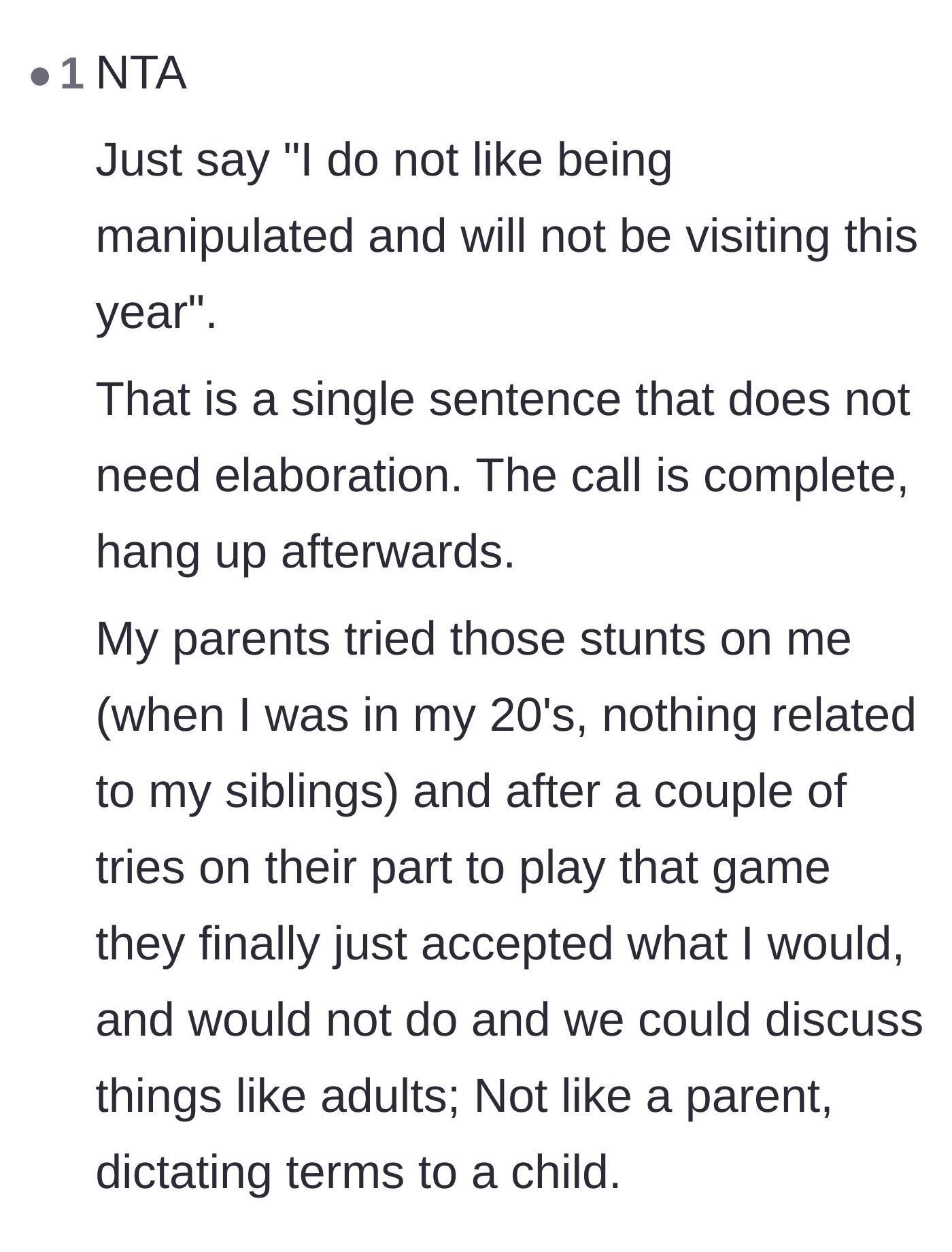 Comment thread 6 - A commenter sharing a mic-drop script to shut down parental manipulation.