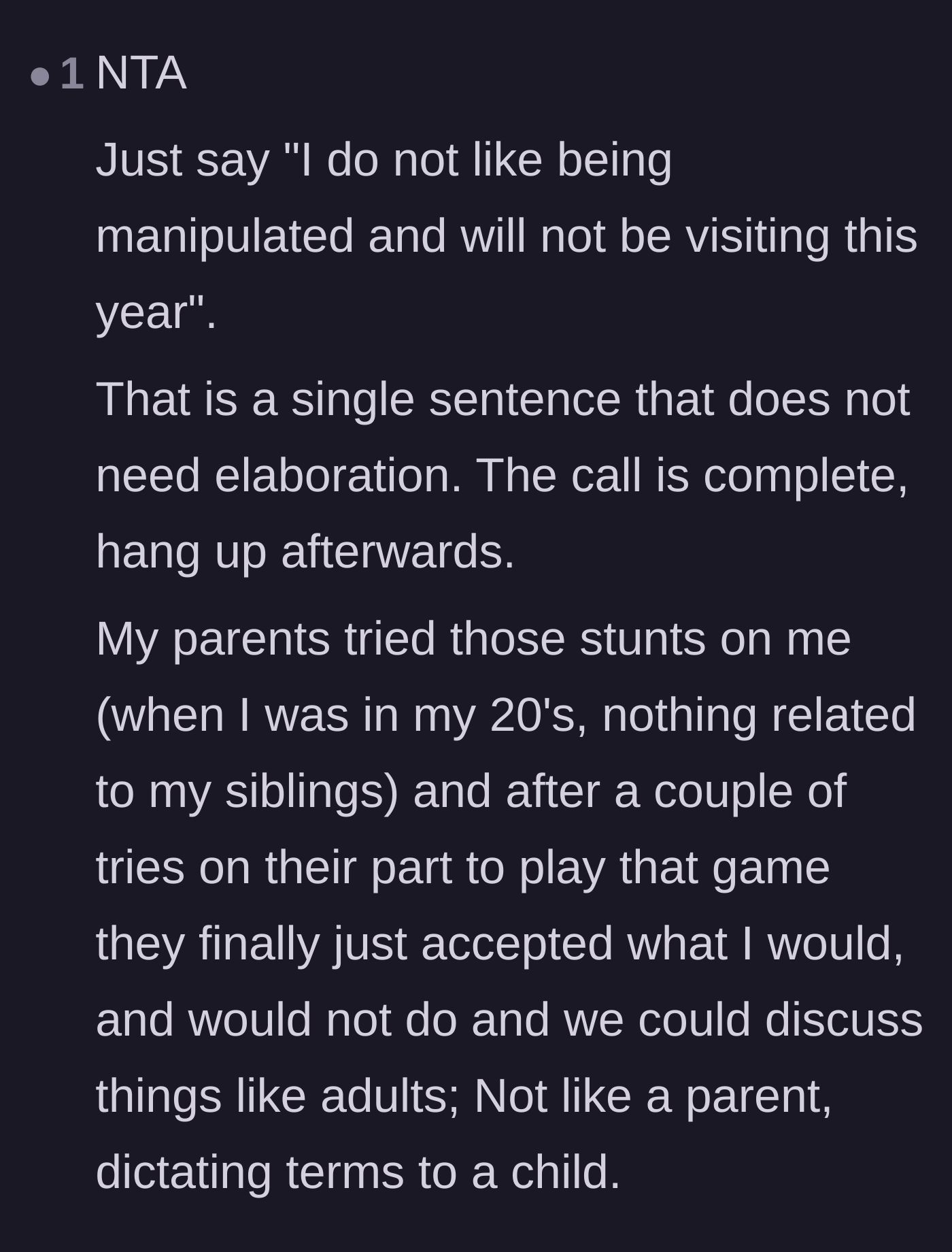 Comment thread 6 - A commenter sharing a mic-drop script to shut down parental manipulation.