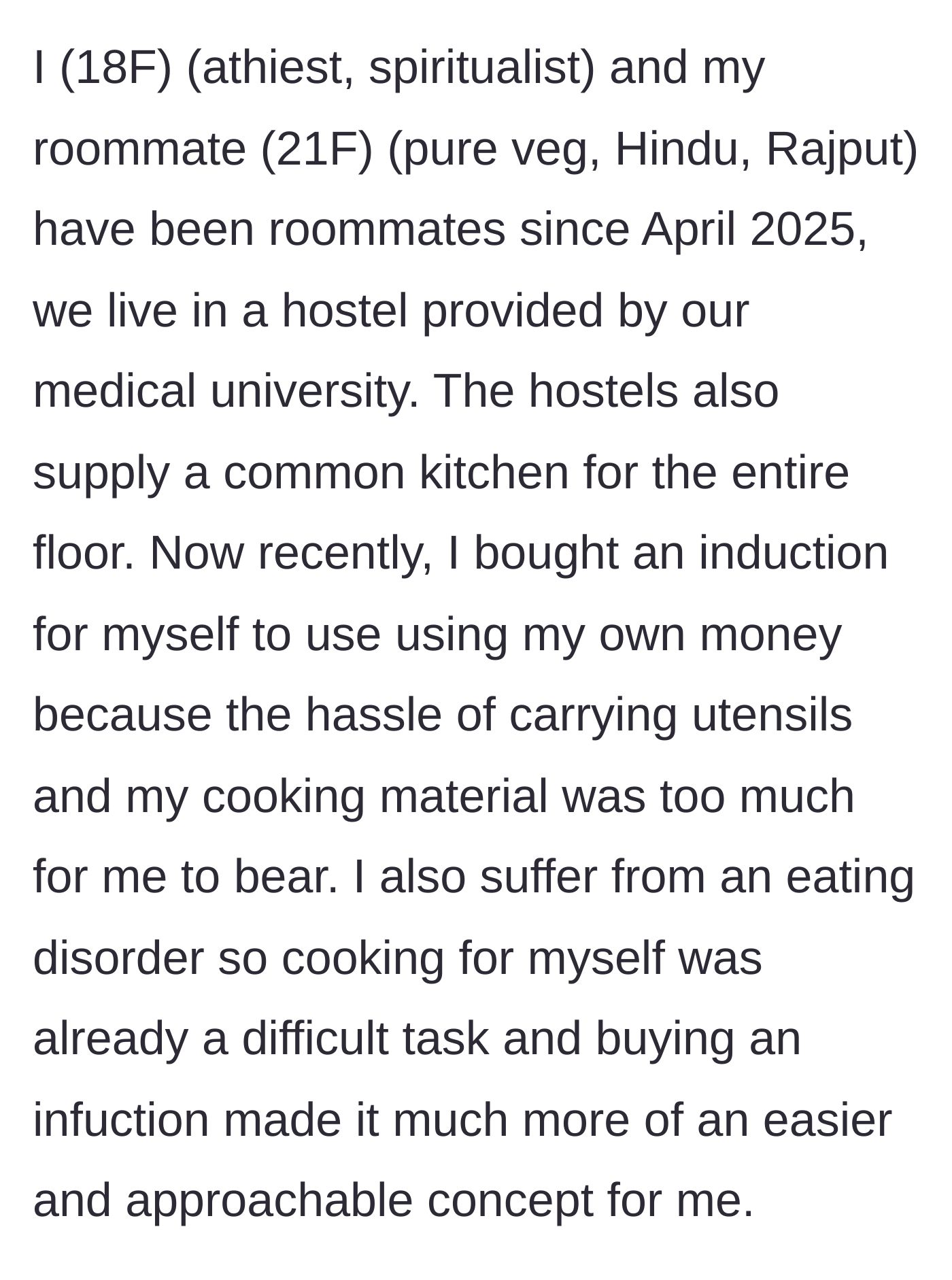 Story part 1 - A medical student explains buying her own induction stove to cook in her dorm due to communal kitchen issues and her eating disorder.