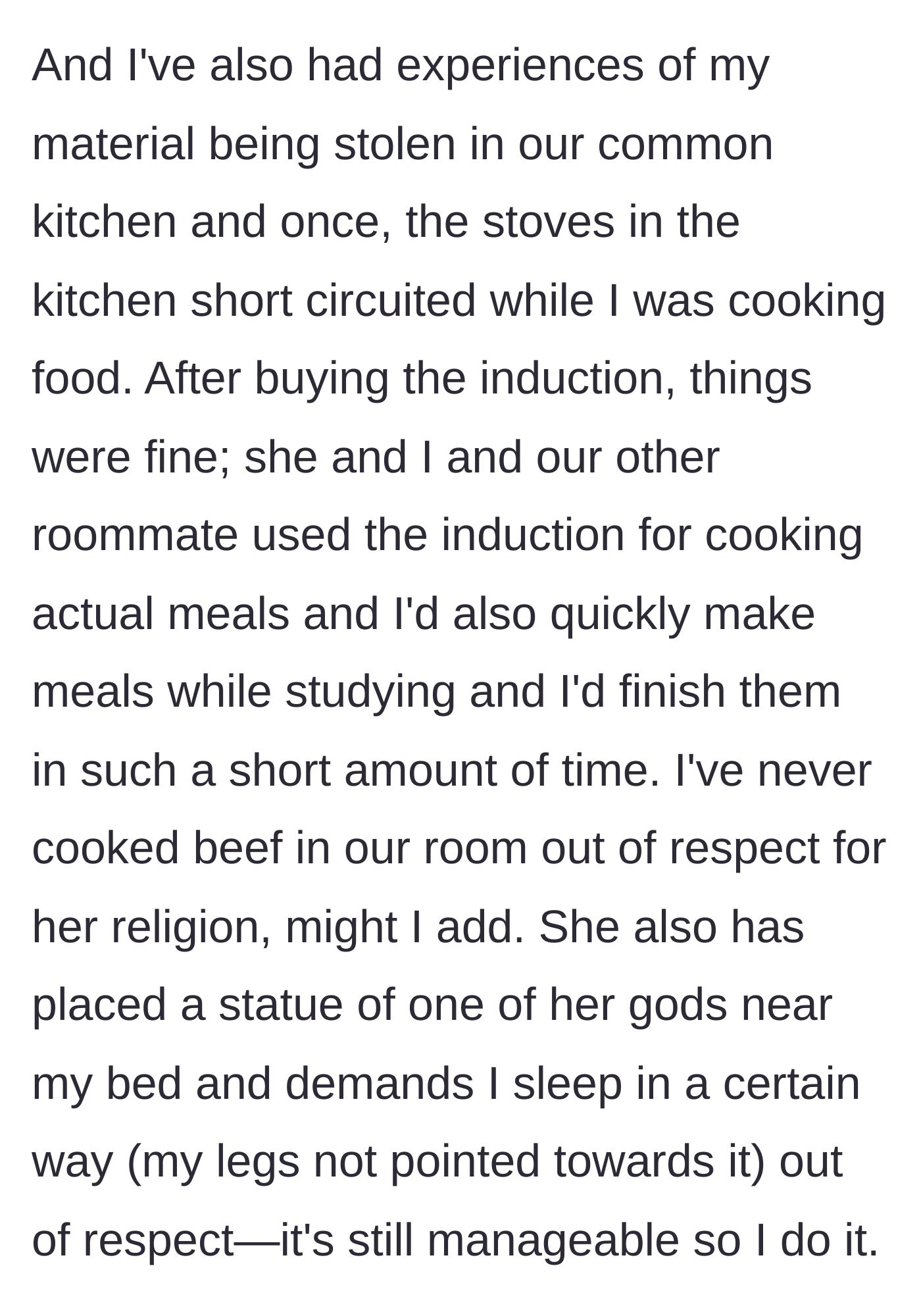 Story part 2 - The student details how she accommodated her roommate's religious requests, including sleeping in a specific direction and avoiding beef.