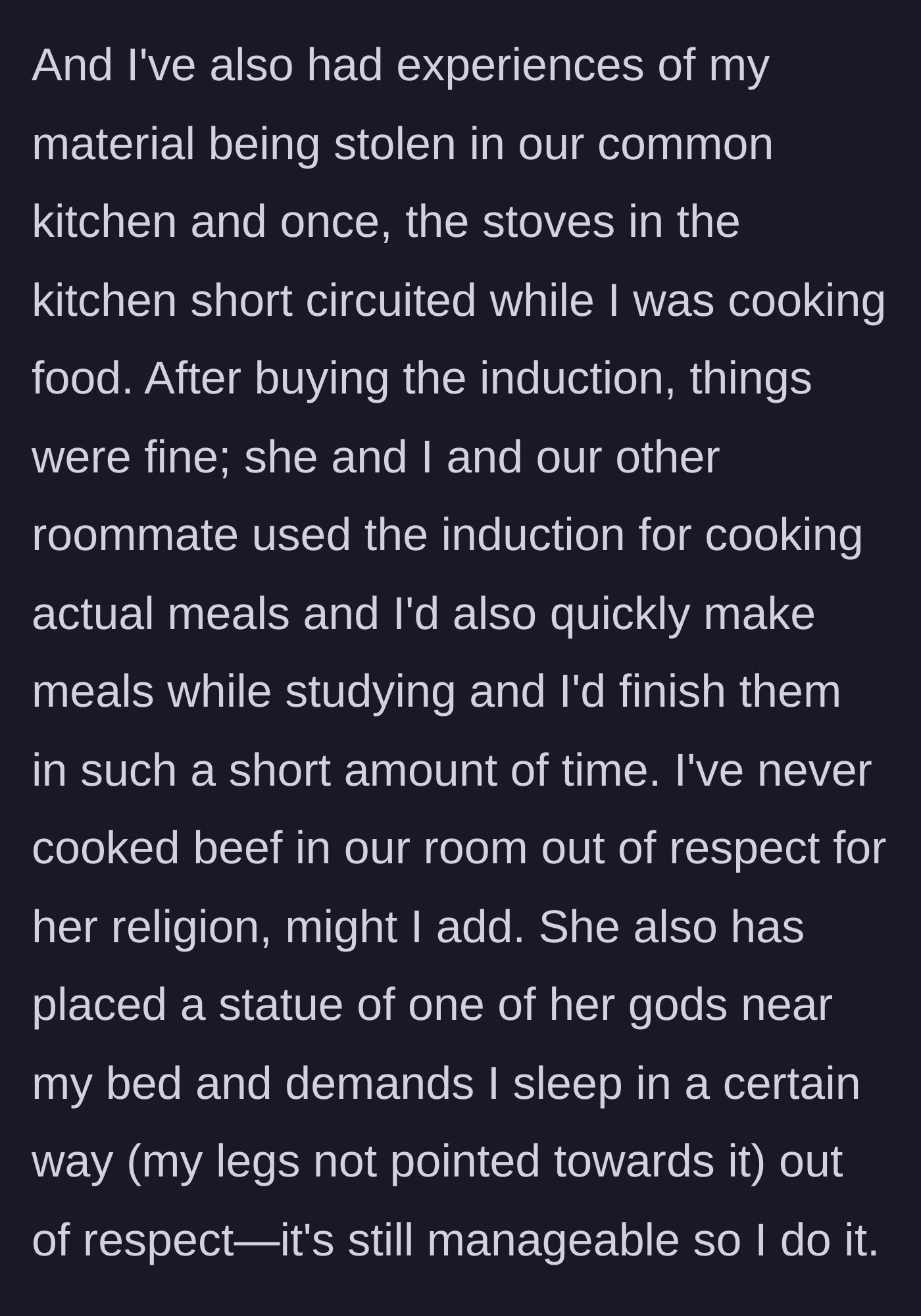 Story part 2 - The student details how she accommodated her roommate's religious requests, including sleeping in a specific direction and avoiding beef.