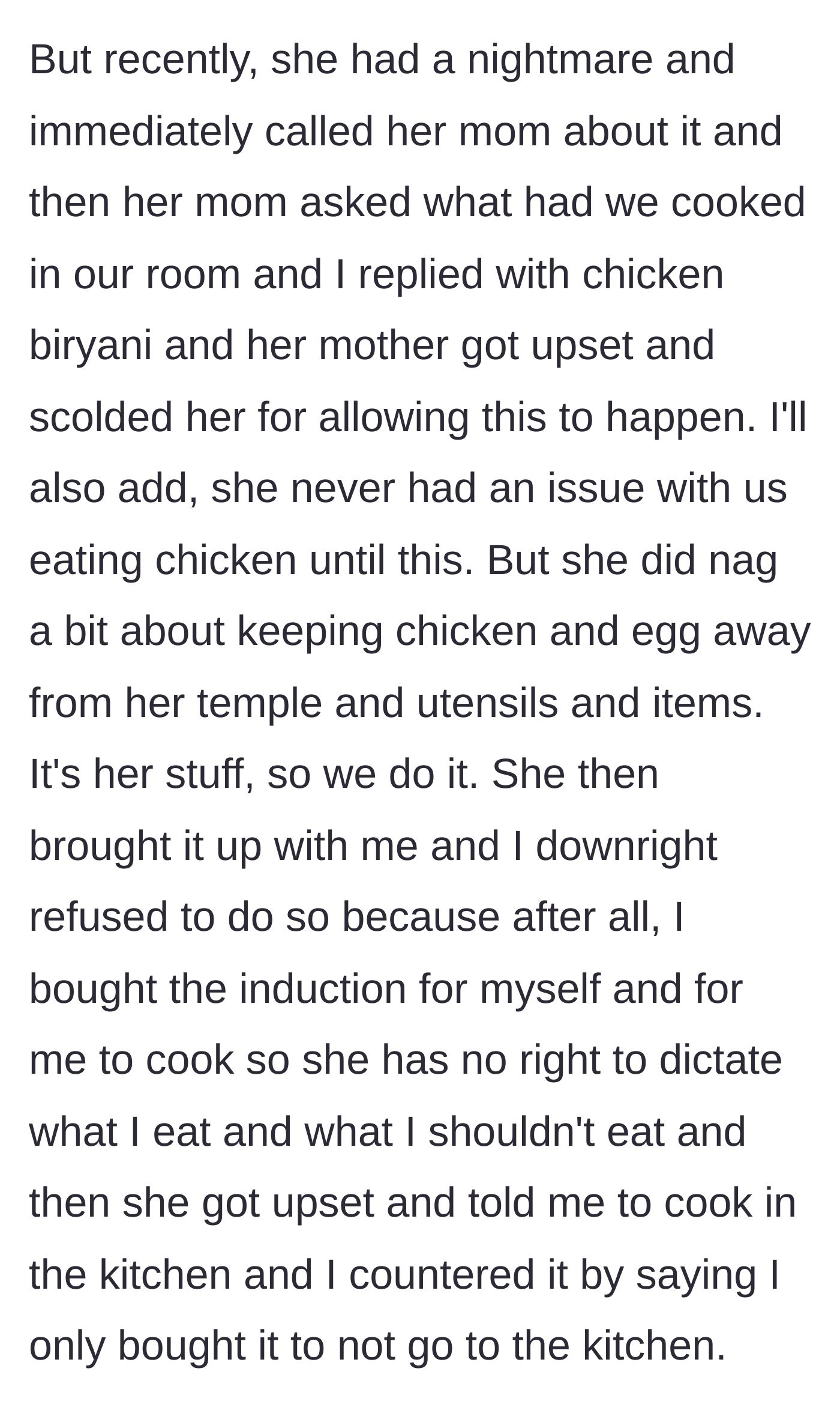 Story part 3 - The roommate's mother gets involved over a phone call about a nightmare, leading the roommate to demand the student stop cooking chicken on her own stove.