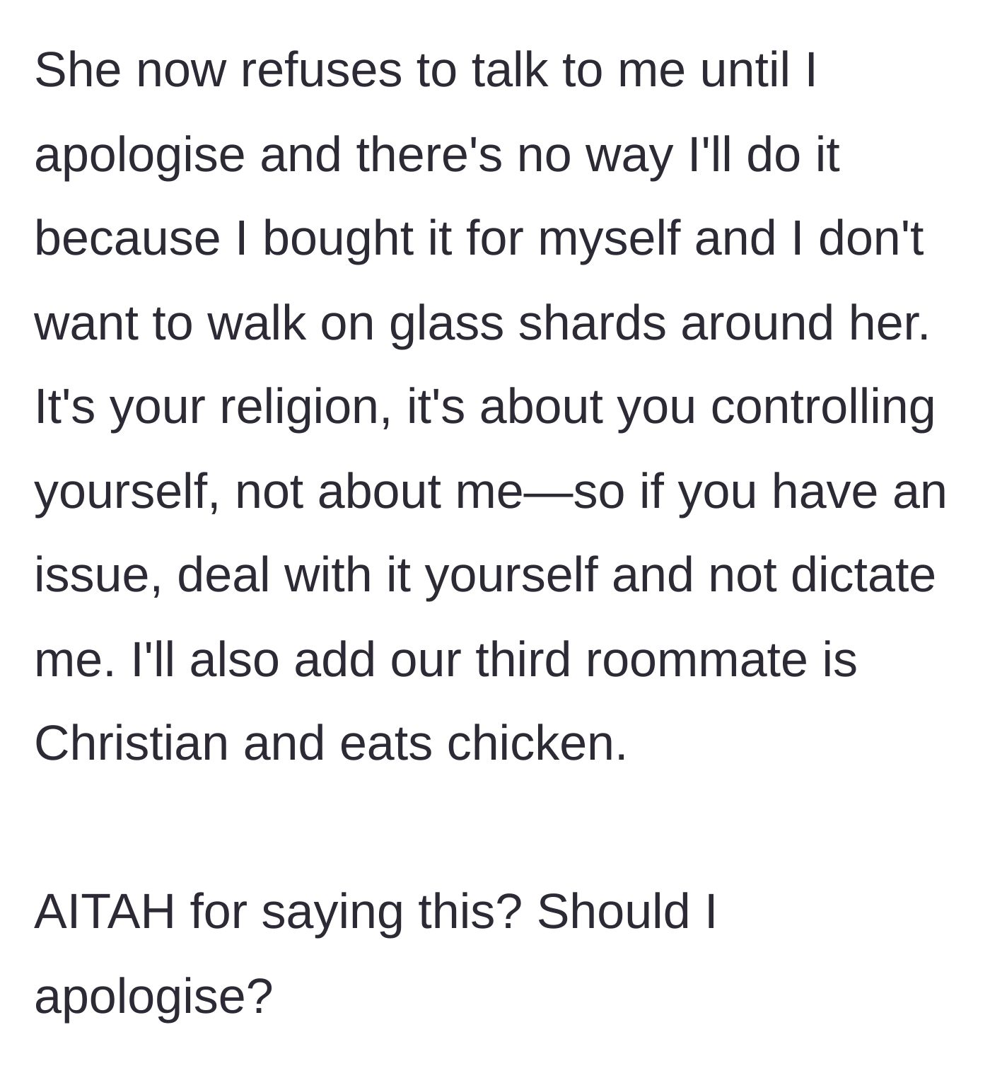 Story part 4 - The roommate gives the silent treatment, demanding an apology, while the student stands her ground on personal boundaries.