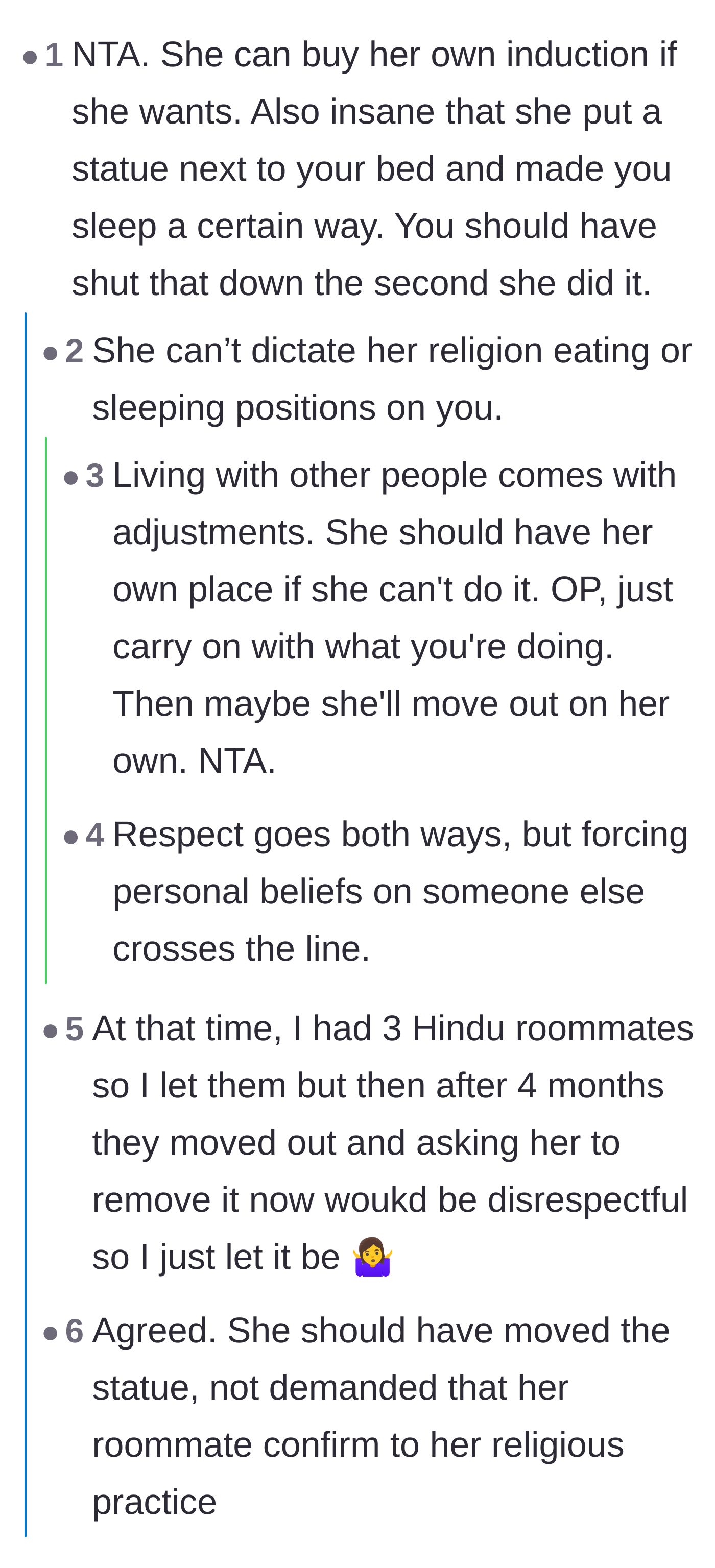 Comment thread 1 - A discussion on how forcing religious sleeping arrangements and dietary rules on a roommate crosses a major boundary.