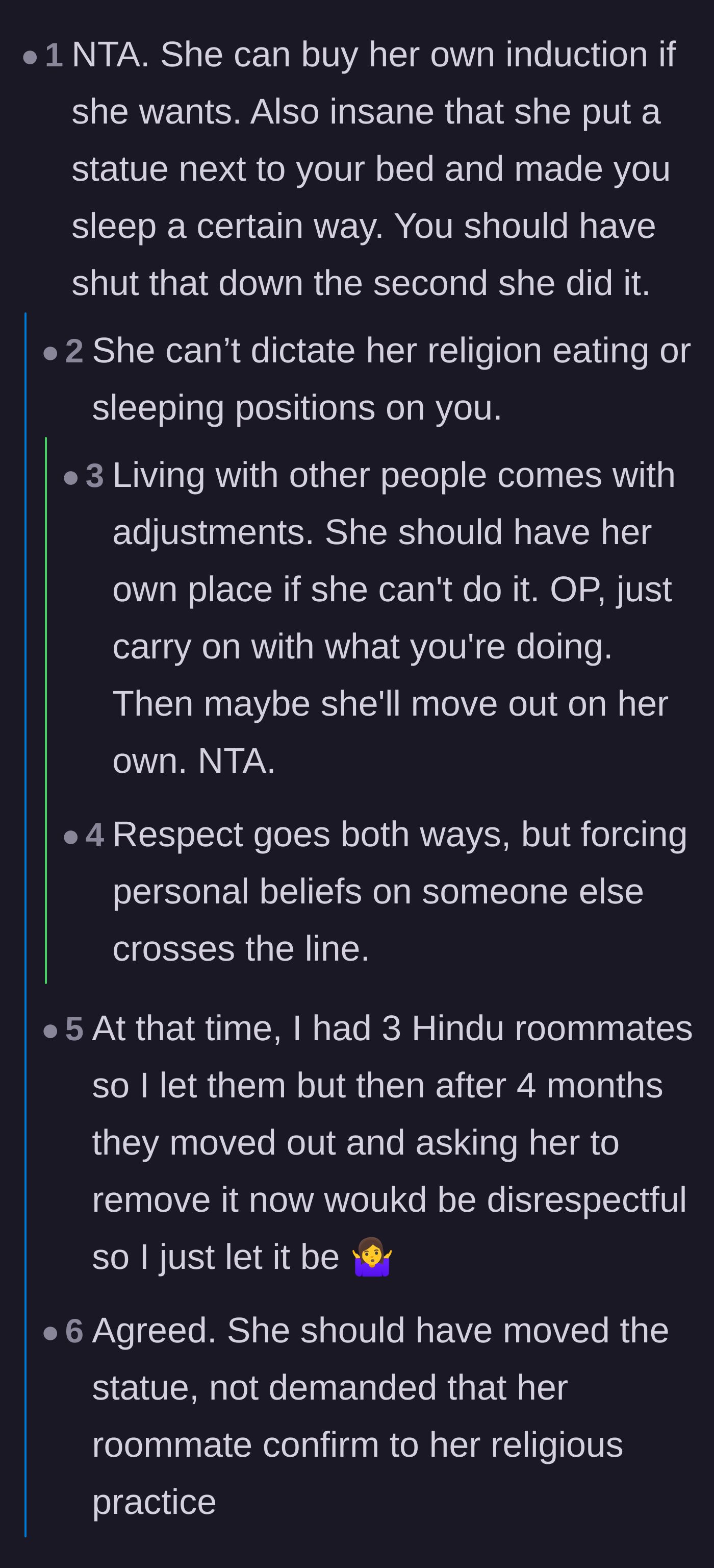 Comment thread 1 - A discussion on how forcing religious sleeping arrangements and dietary rules on a roommate crosses a major boundary.