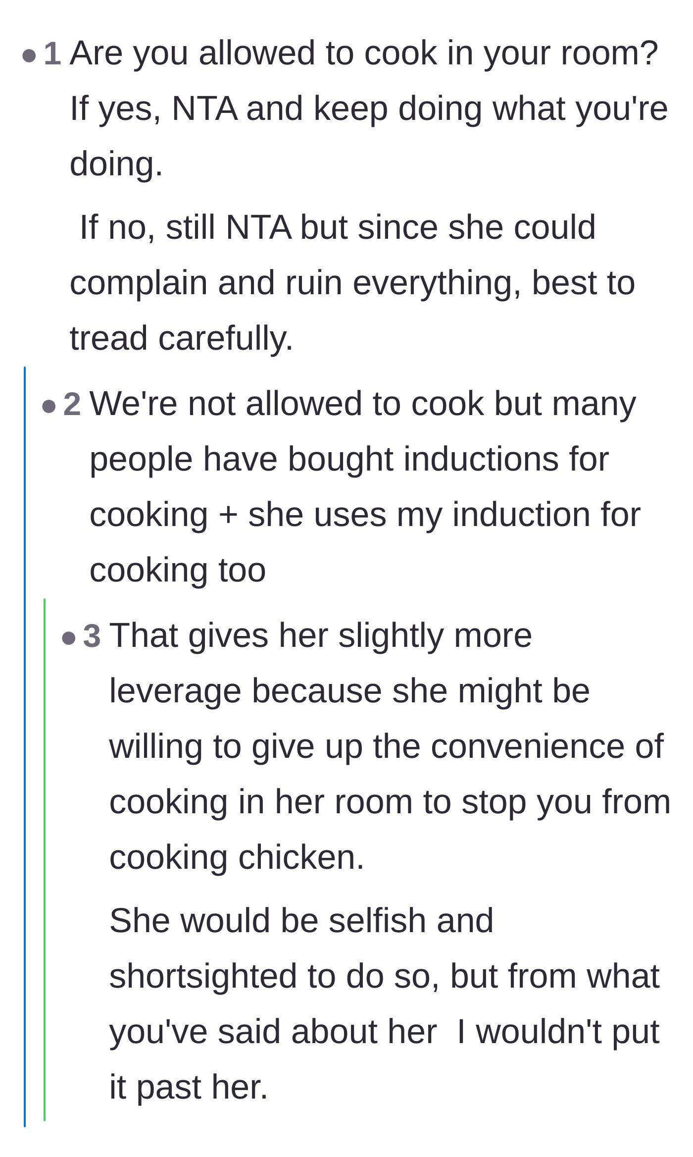 Comment thread 2 - Readers pointing out that breaking dorm rules gives the entitled roommate leverage to snitch.