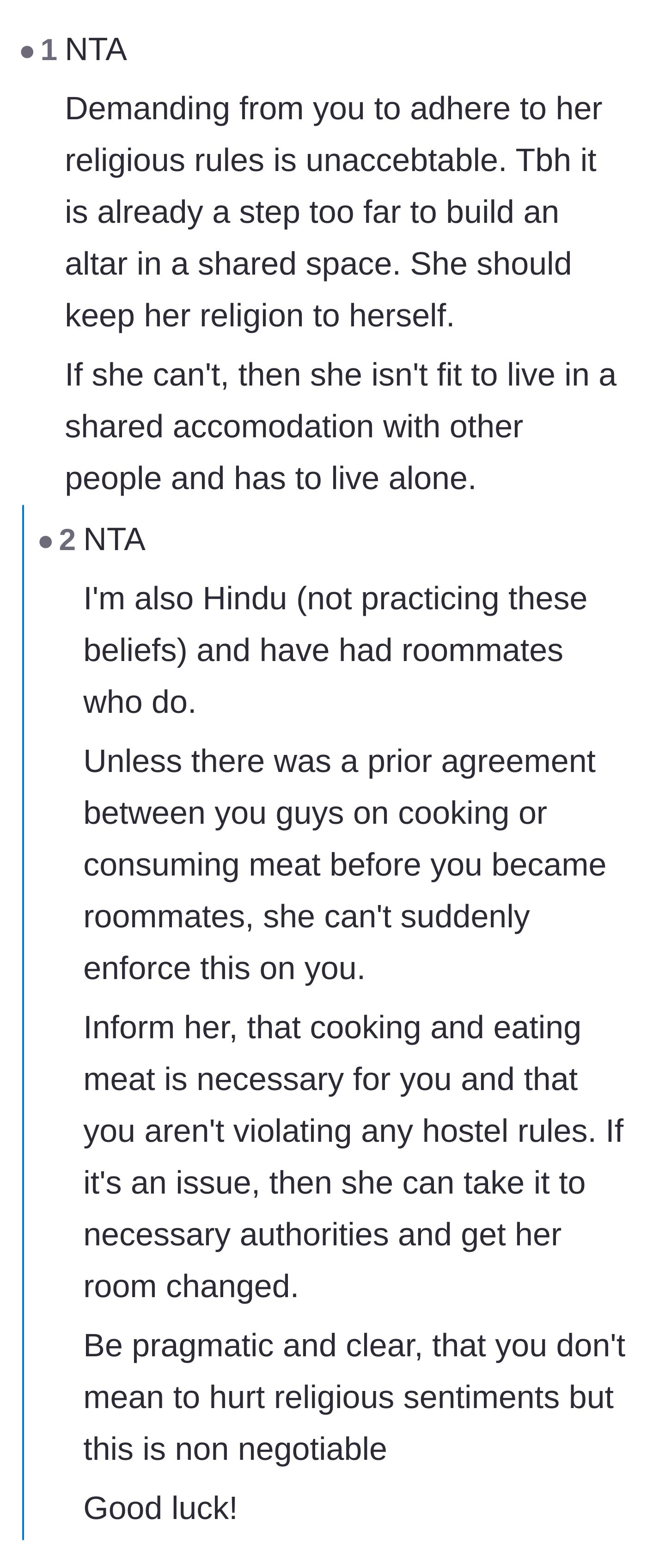 Comment thread 3 - A practicing Hindu weighing in to confirm the roommate is completely out of line.