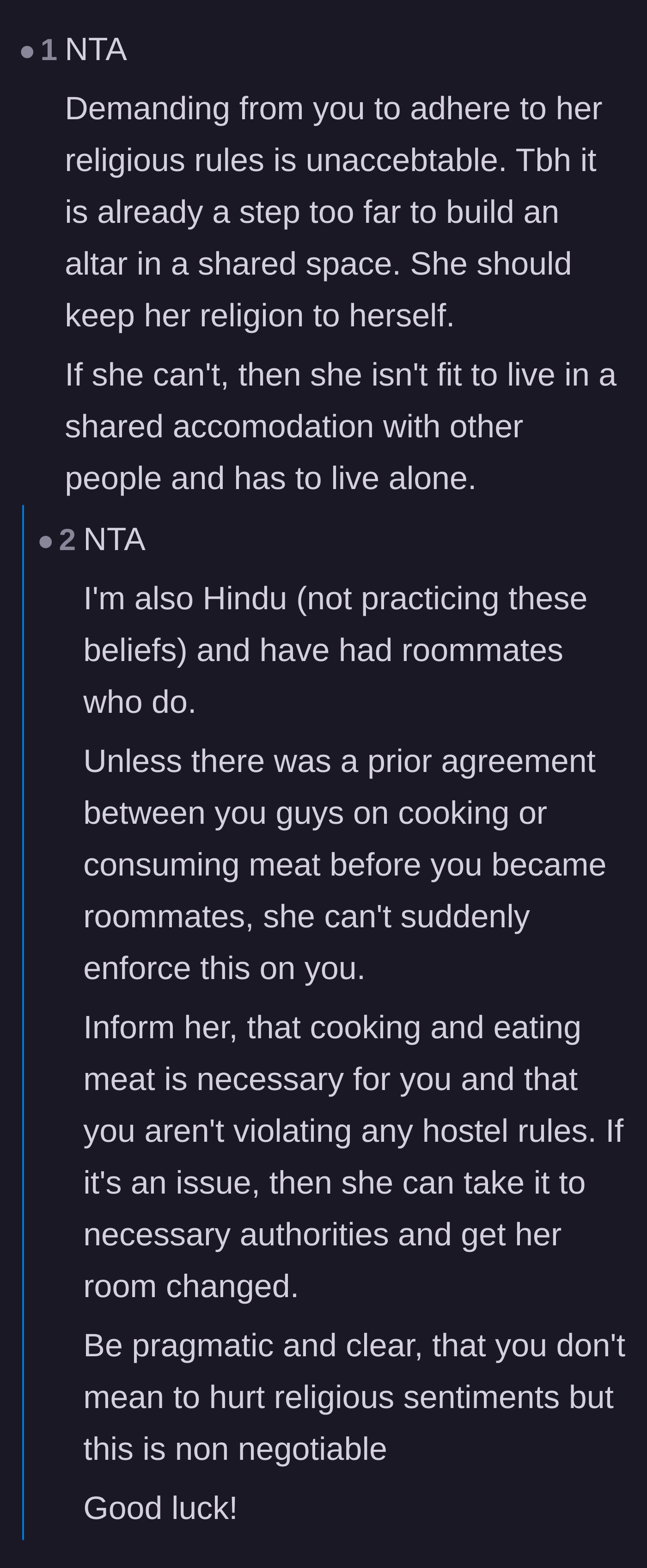 Comment thread 3 - A practicing Hindu weighing in to confirm the roommate is completely out of line.