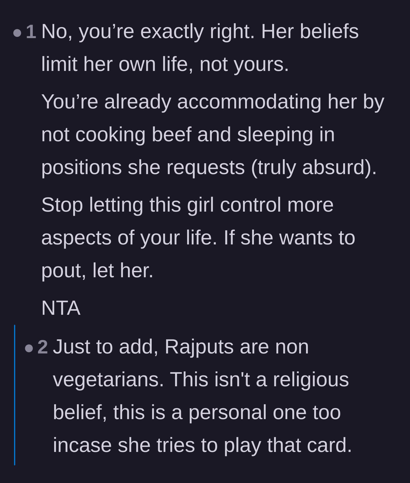 Comment thread 4 - A user pointing out that the roommate's dietary restrictions might actually be a personal choice rather than a strict religious rule.