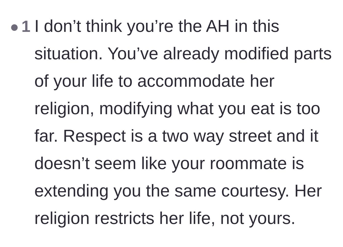 Comment thread 5 - Agreement that respect goes both ways and religious rules only apply to the believer.