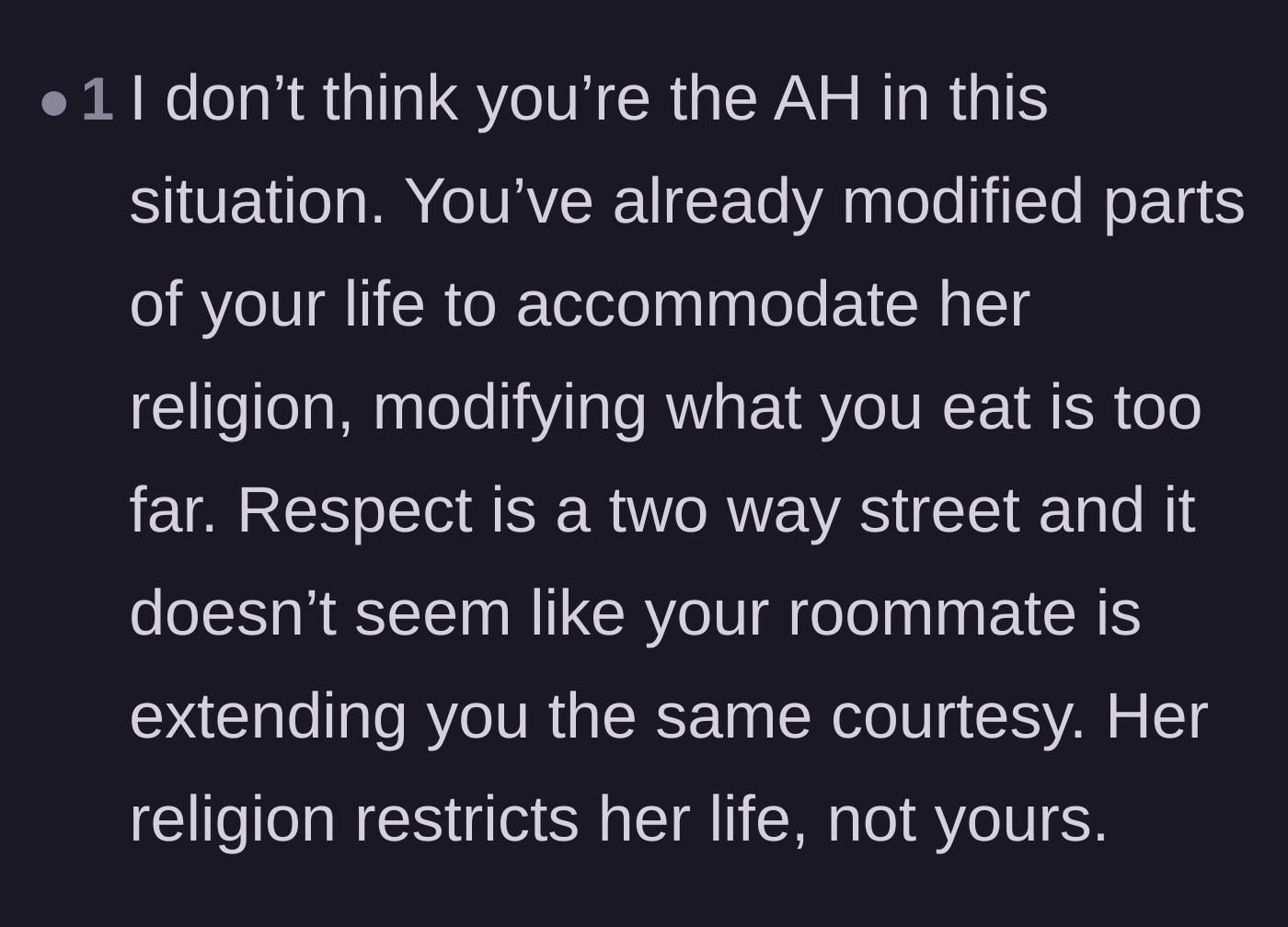 Comment thread 5 - Agreement that respect goes both ways and religious rules only apply to the believer.