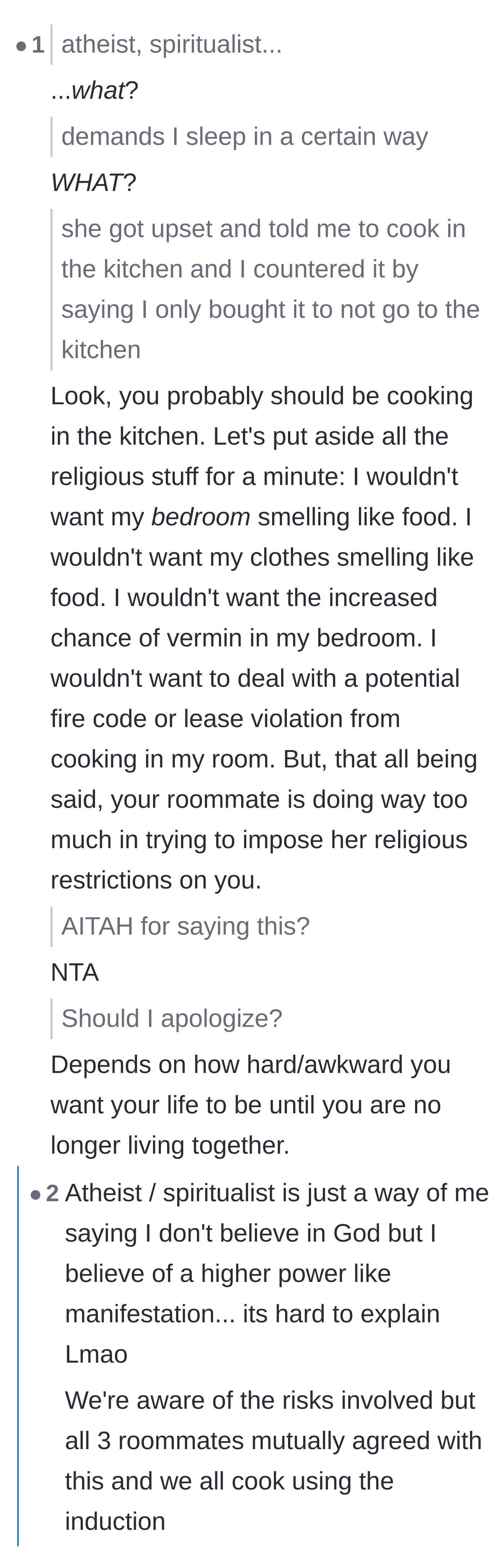 Comment thread 6 - A humorous exchange about the logic of cooking in a bedroom and manifesting a better living situation.