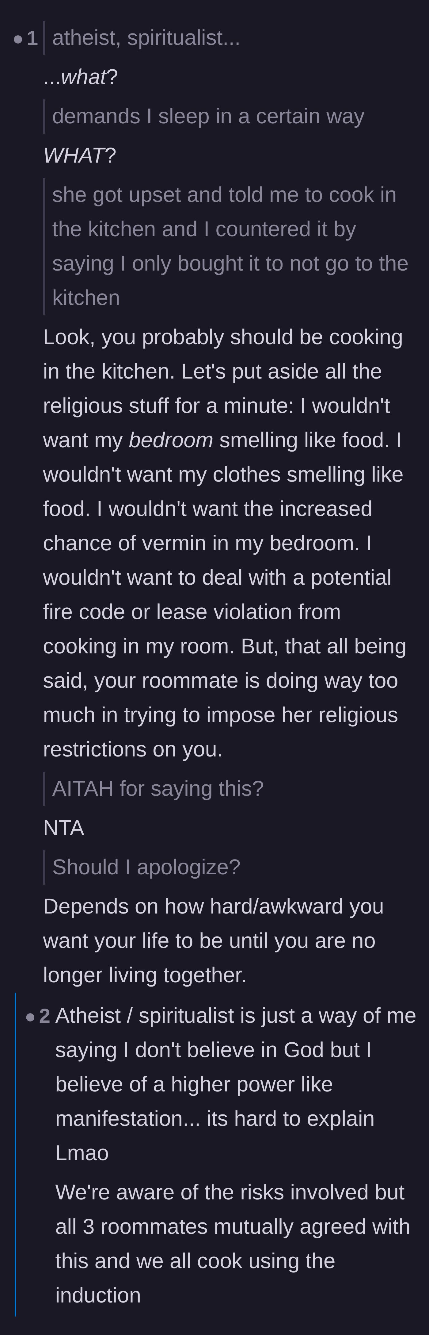Comment thread 6 - A humorous exchange about the logic of cooking in a bedroom and manifesting a better living situation.