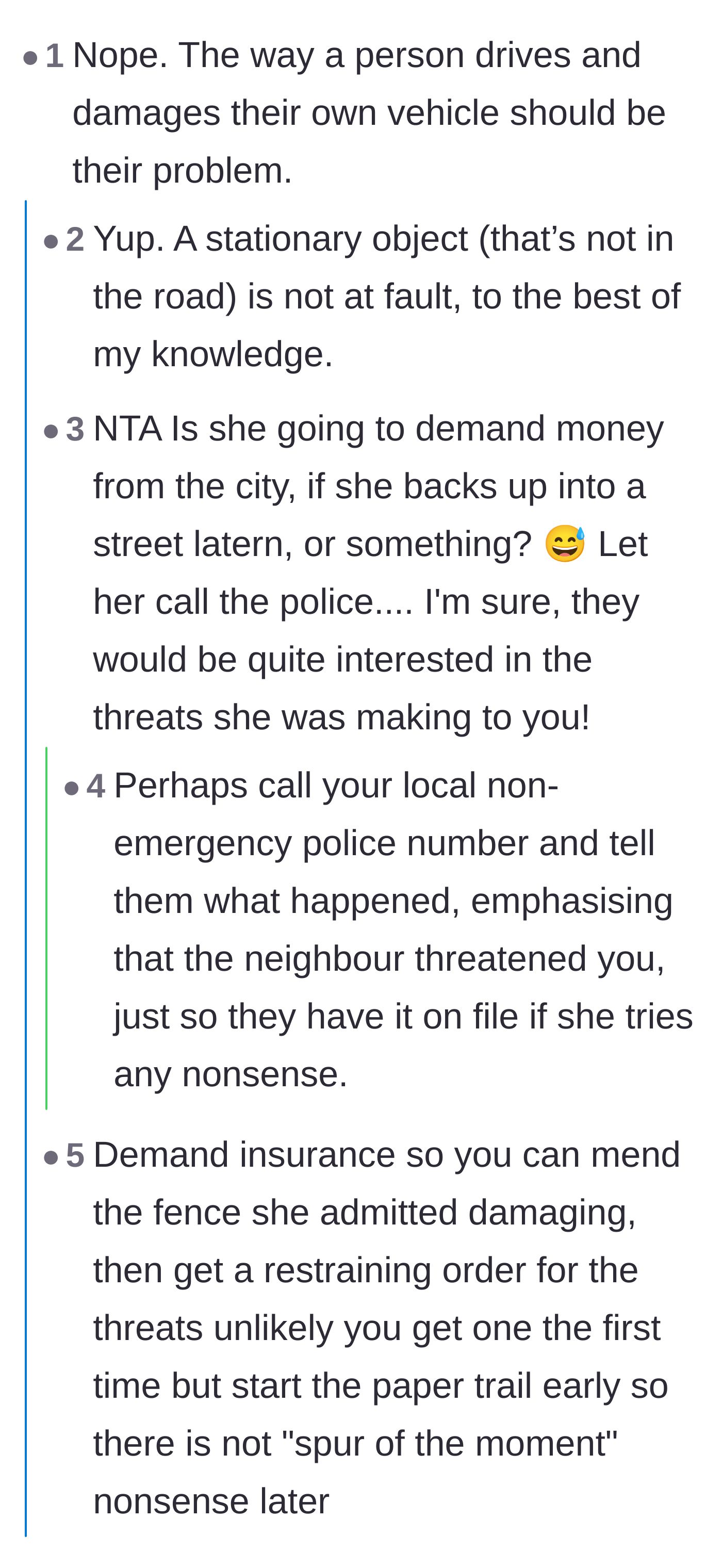 Comment thread 2 - Commenters mock the neighbor's logic, noting that reversing into a stationary object is always the driver's fault.