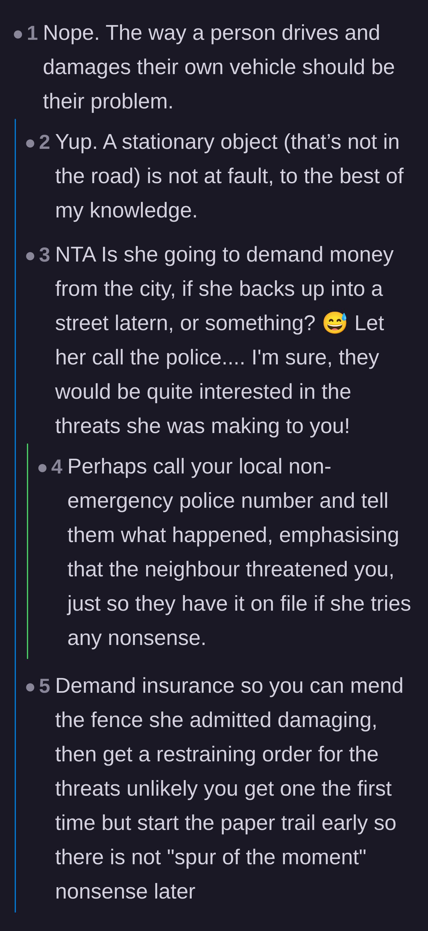 Comment thread 2 - Commenters mock the neighbor's logic, noting that reversing into a stationary object is always the driver's fault.