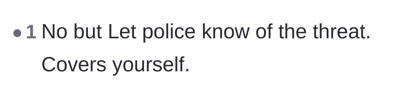Comment thread 4 - A short comment advising the young woman to proactively report the threat to the police to protect herself.
