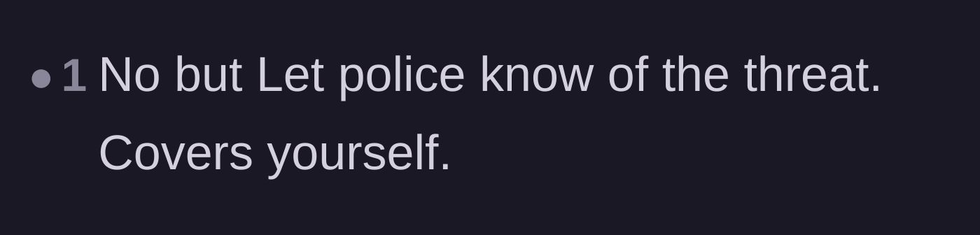 Comment thread 4 - A short comment advising the young woman to proactively report the threat to the police to protect herself.