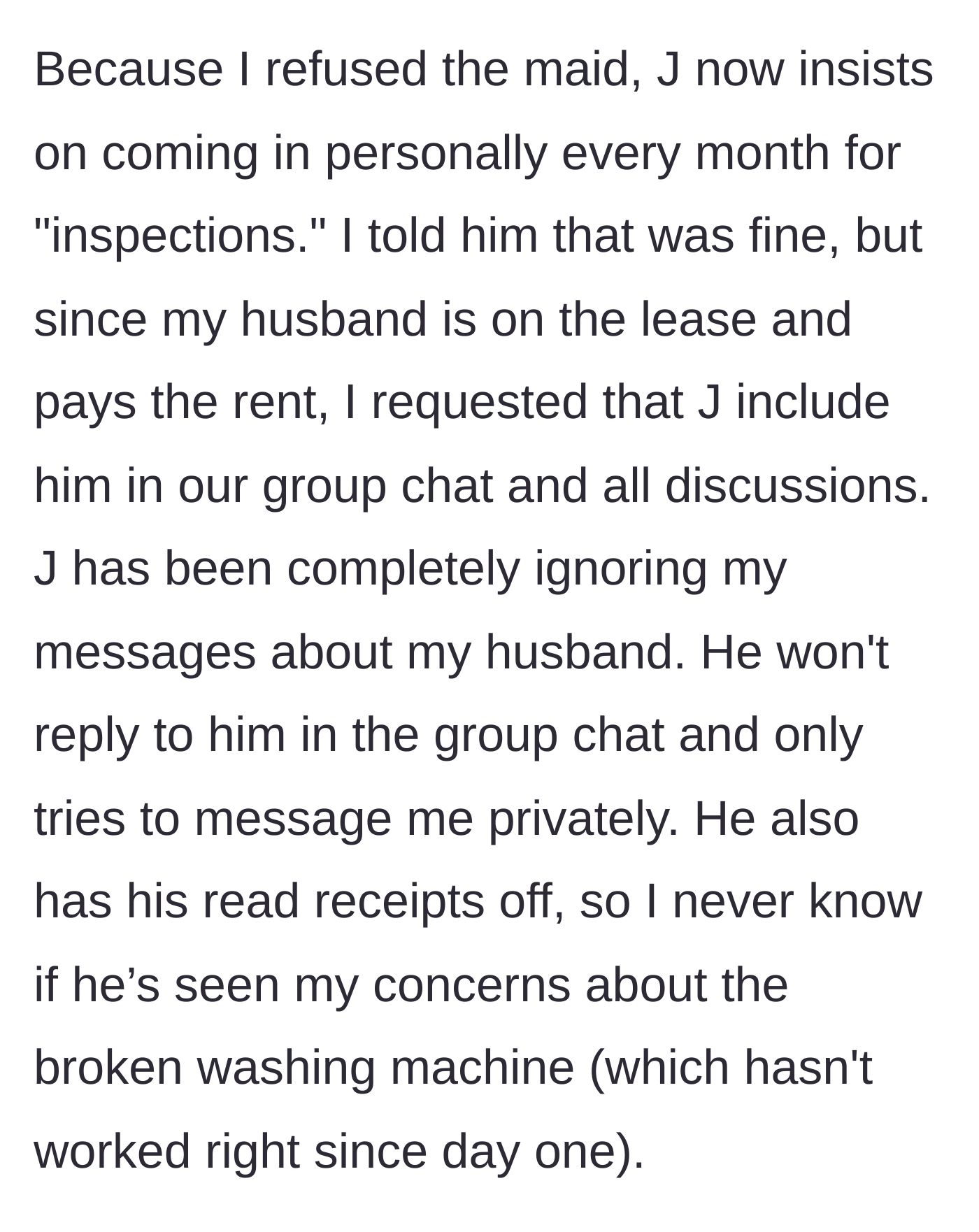 Story part 3 - The landlord demands monthly personal inspections, ignores the husband's messages, and neglects a broken washing machine.