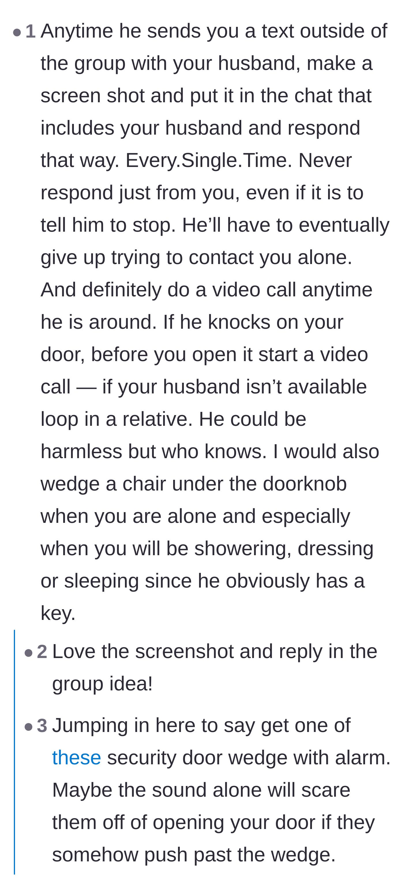 Comment thread 1 - Advice on forcing group chat communication and using door wedges for physical safety.