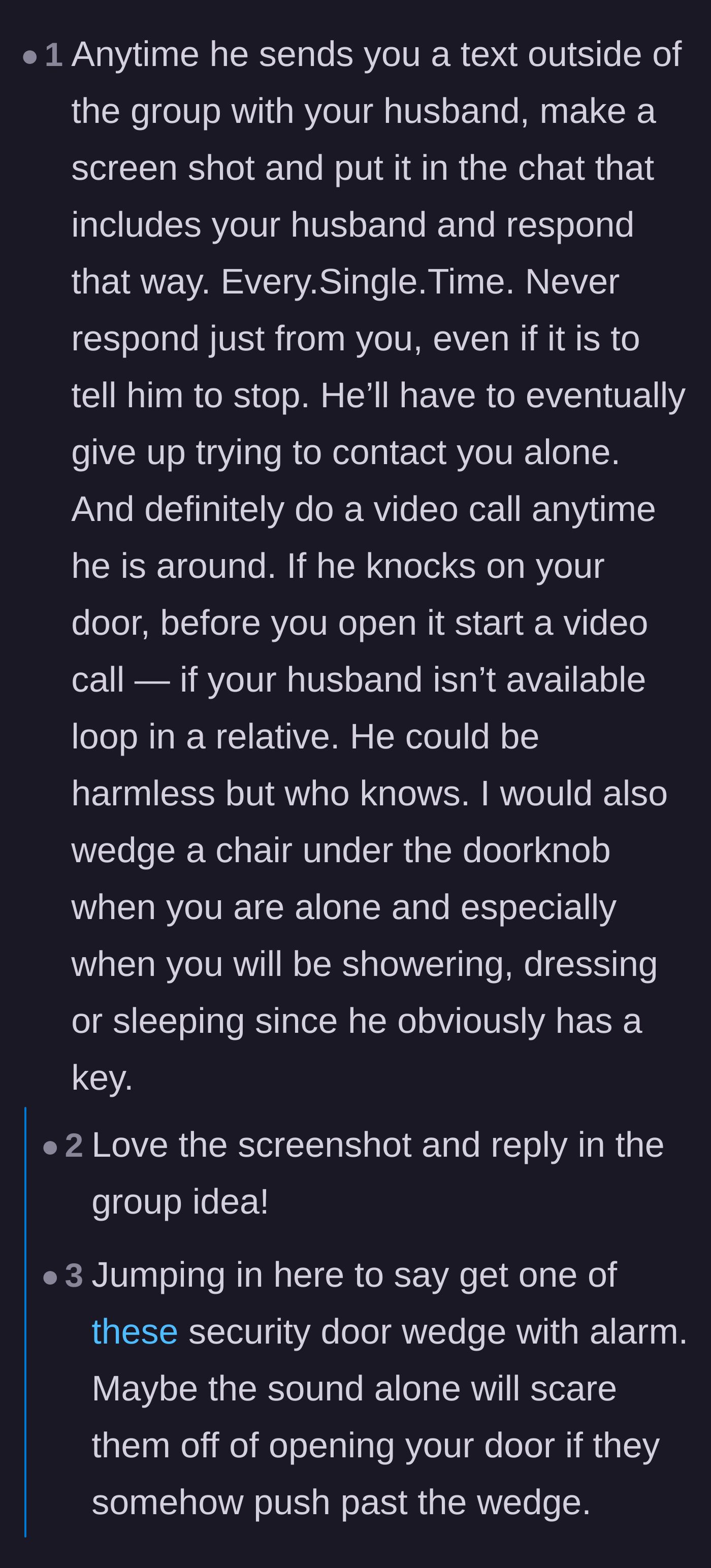Comment thread 1 - Advice on forcing group chat communication and using door wedges for physical safety.
